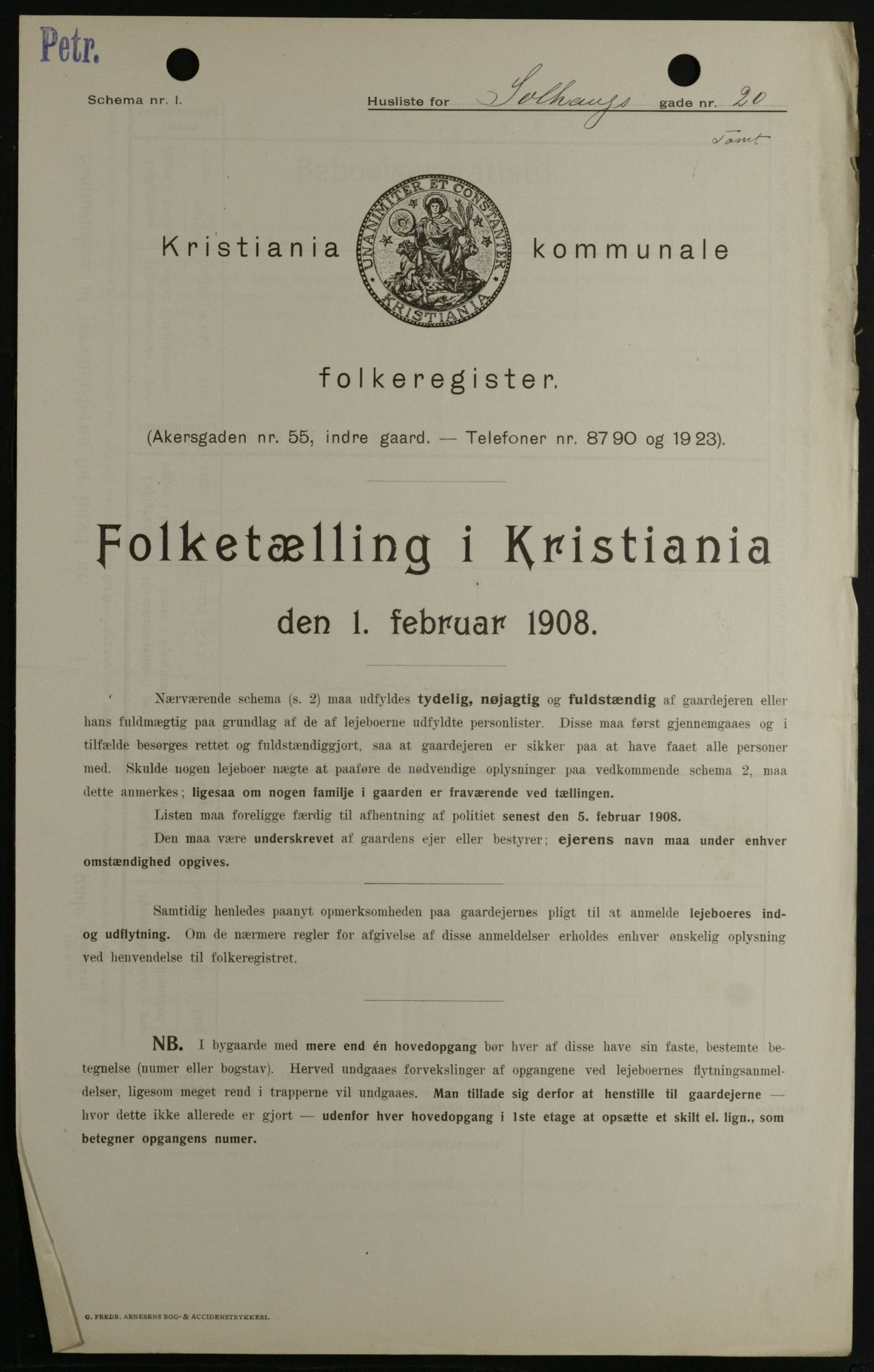 OBA, Kommunal folketelling 1.2.1908 for Kristiania kjøpstad, 1908, s. 89664