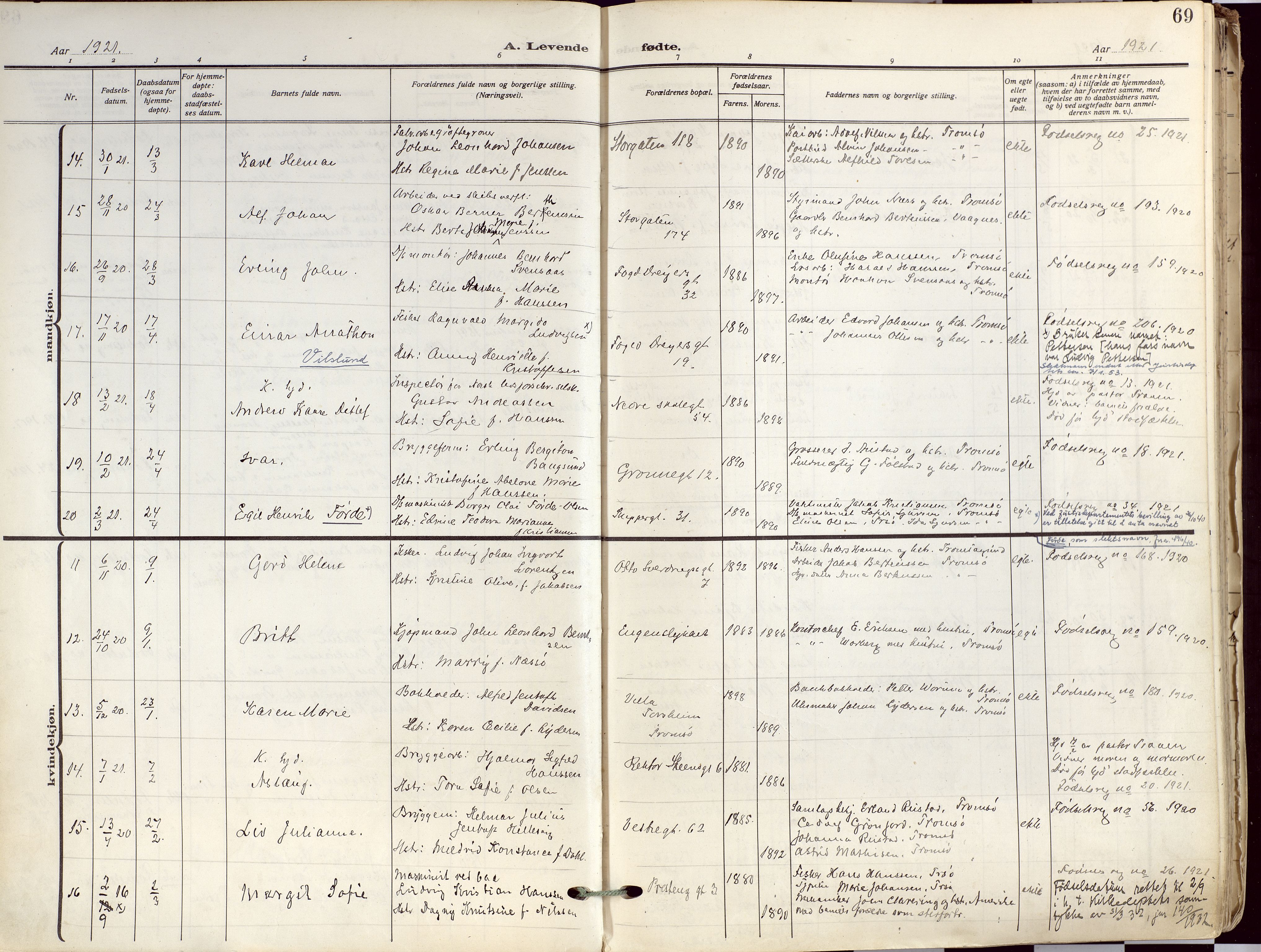 Tromsø sokneprestkontor/stiftsprosti/domprosti, AV/SATØ-S-1343/G/Ga/L0019kirke: Ministerialbok nr. 19, 1917-1927, s. 69