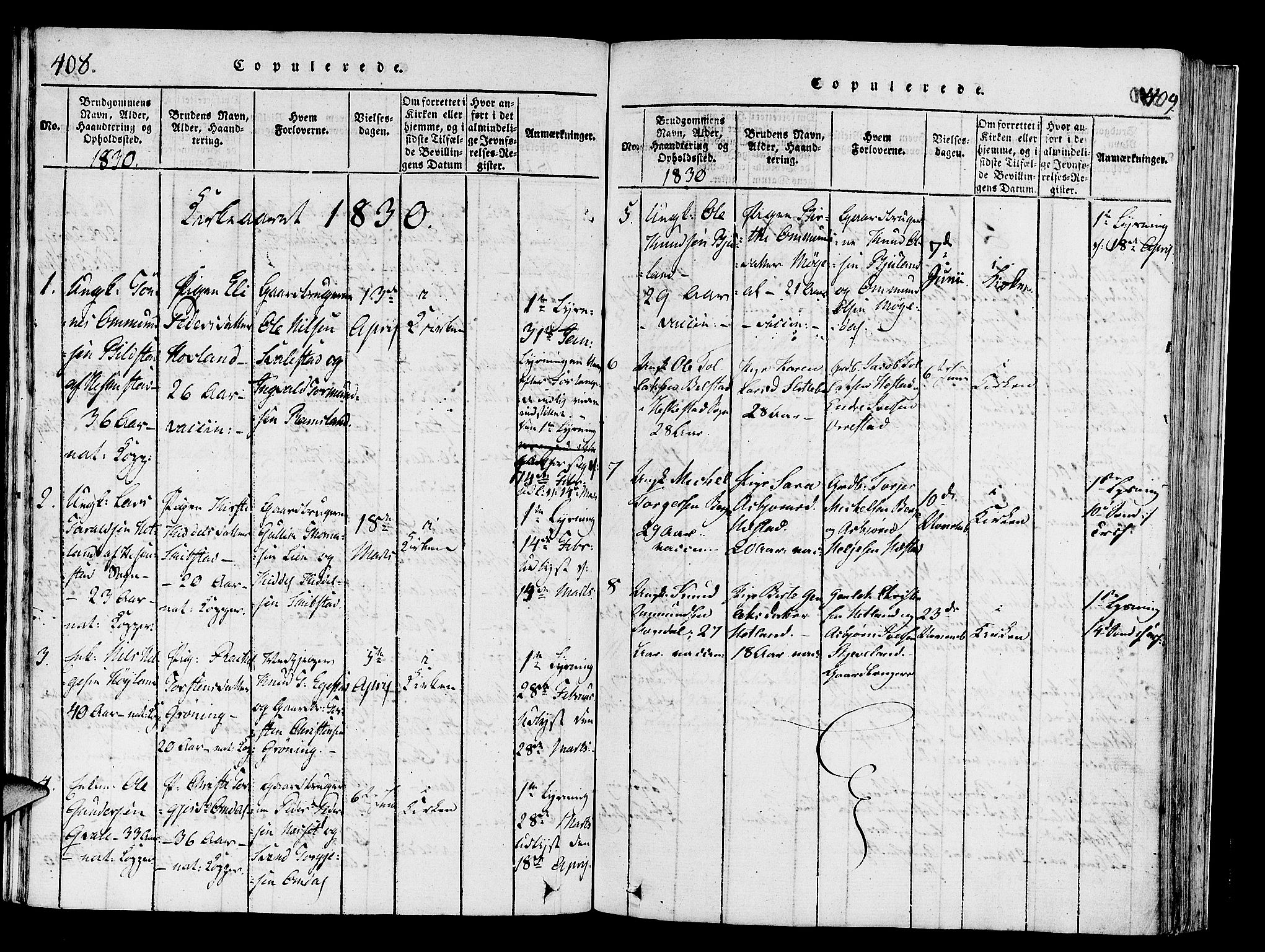Helleland sokneprestkontor, SAST/A-101810: Ministerialbok nr. A 4, 1815-1834, s. 408-409