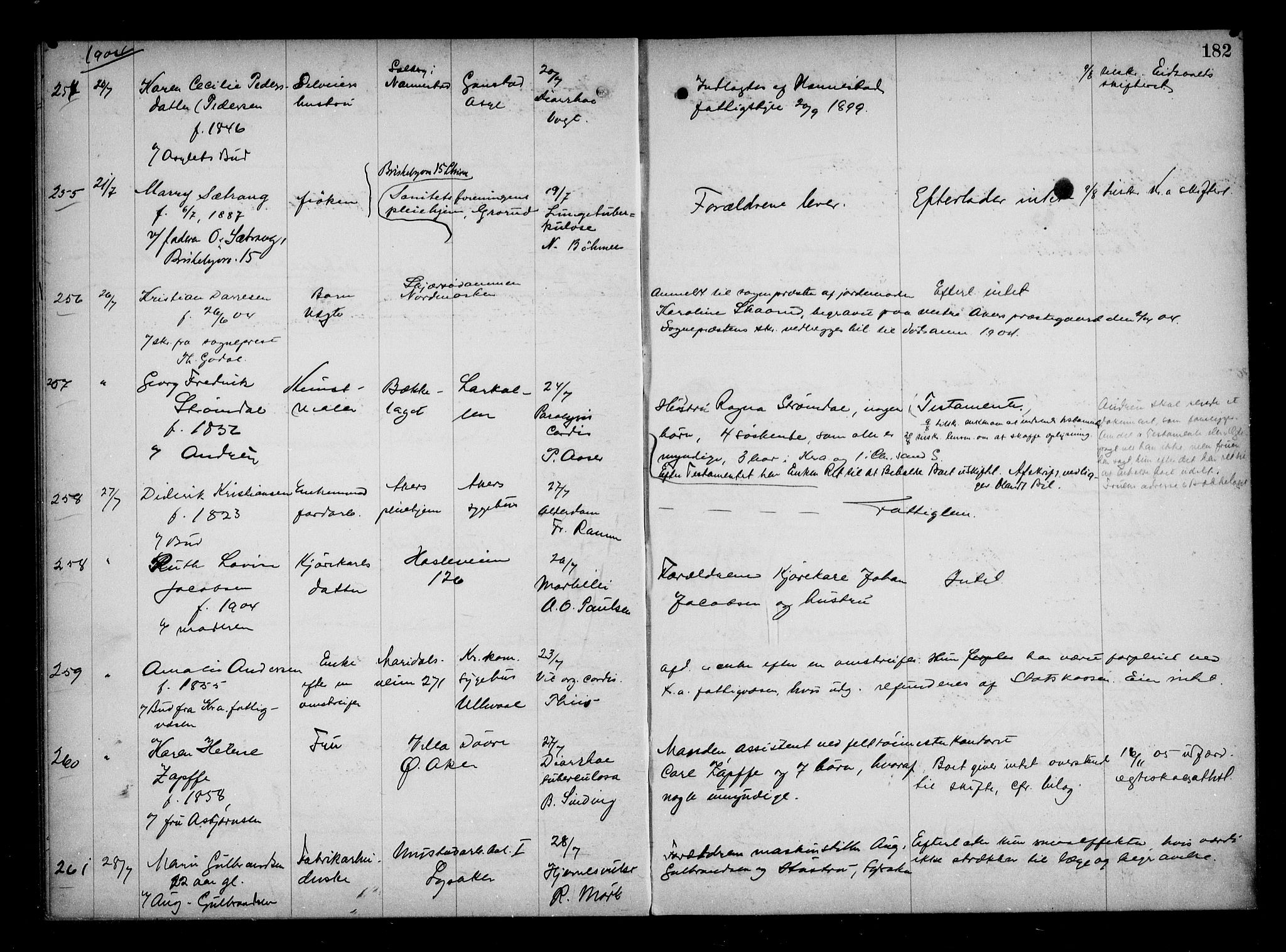 Aker kriminaldommer, skifte- og auksjonsforvalterembete, AV/SAO-A-10452/H/Hb/Hba/Hbaa/L0001: Dødsfallsprotokoll, 1901-1907, s. 182
