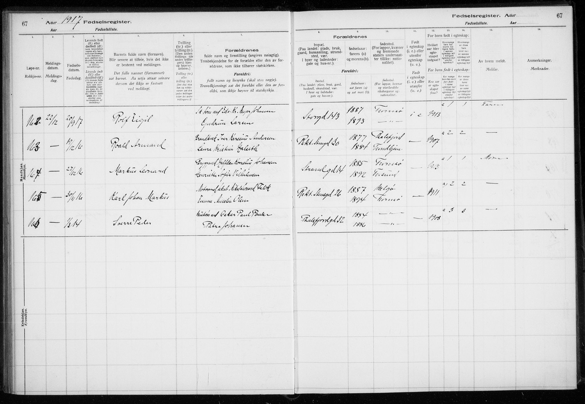 Tromsø sokneprestkontor/stiftsprosti/domprosti, AV/SATØ-S-1343/H/Ha/L0131: Fødselsregister nr. 131, 1916-1921, s. 67