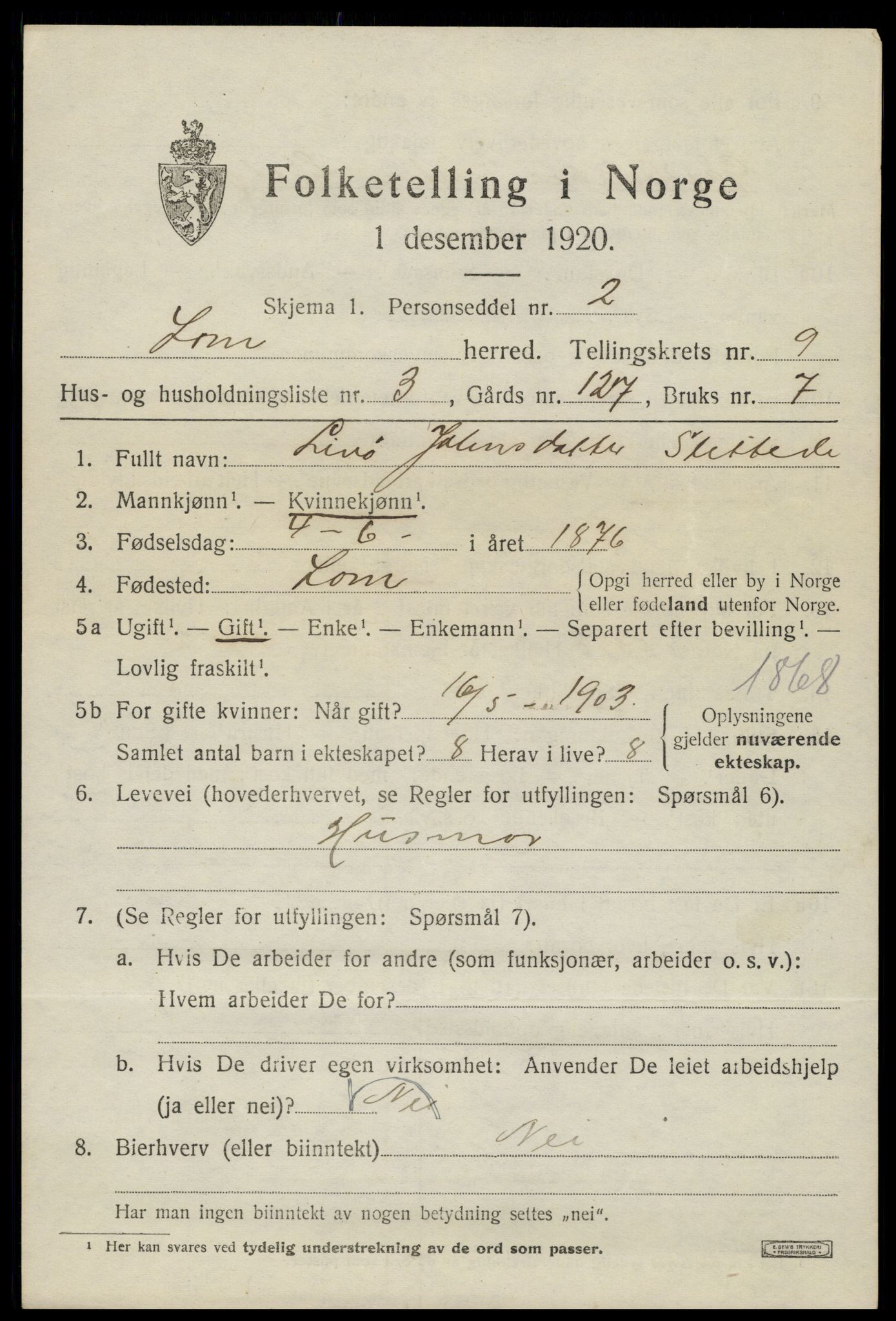 SAH, Folketelling 1920 for 0514 Lom herred, 1920, s. 5094