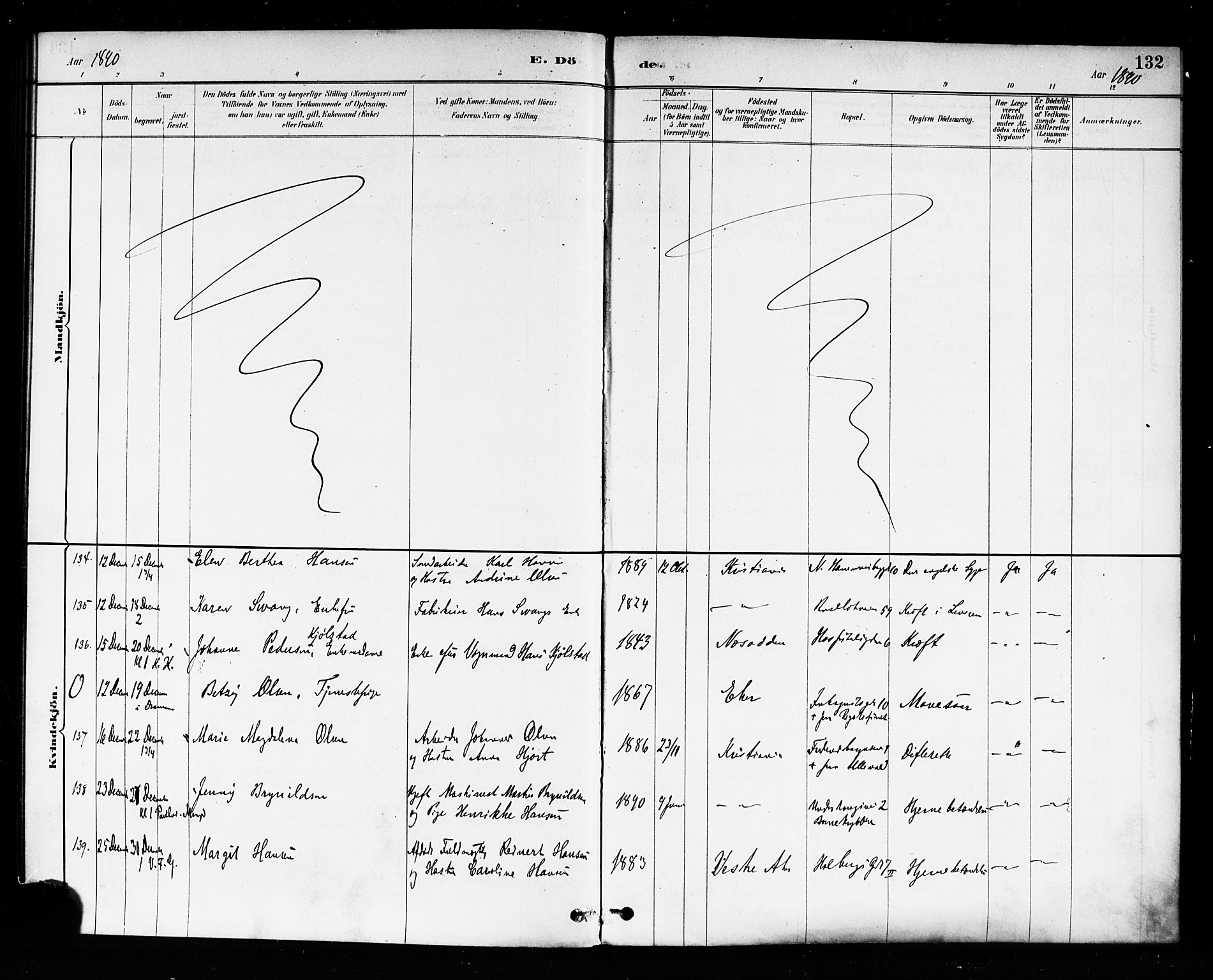 Trefoldighet prestekontor Kirkebøker, AV/SAO-A-10882/F/Fd/L0003: Ministerialbok nr. IV 3, 1885-1896, s. 132