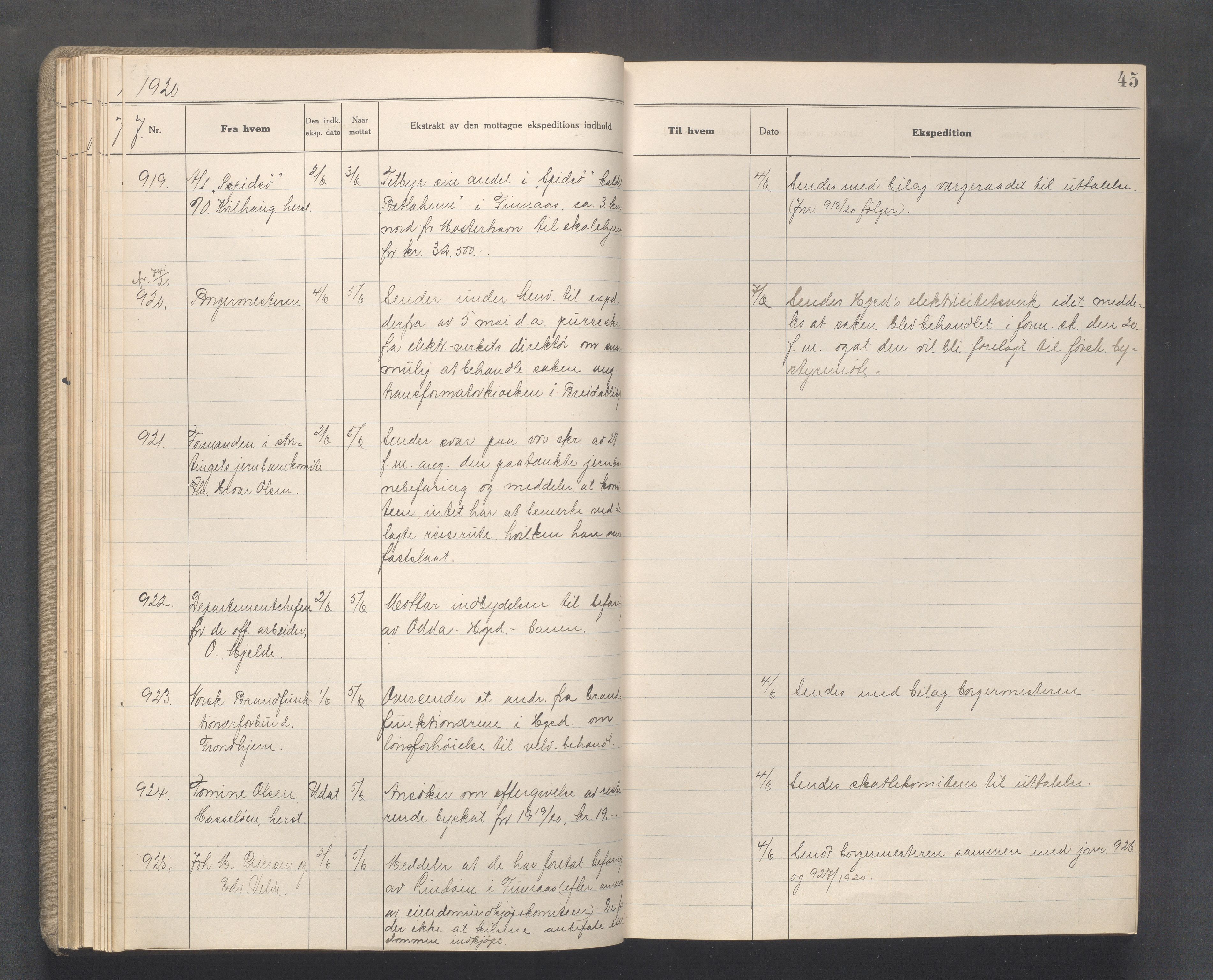 Haugesund kommune - Formannskapet, IKAR/X-0001/C/L0010: Journal, 1920-1921, s. 45