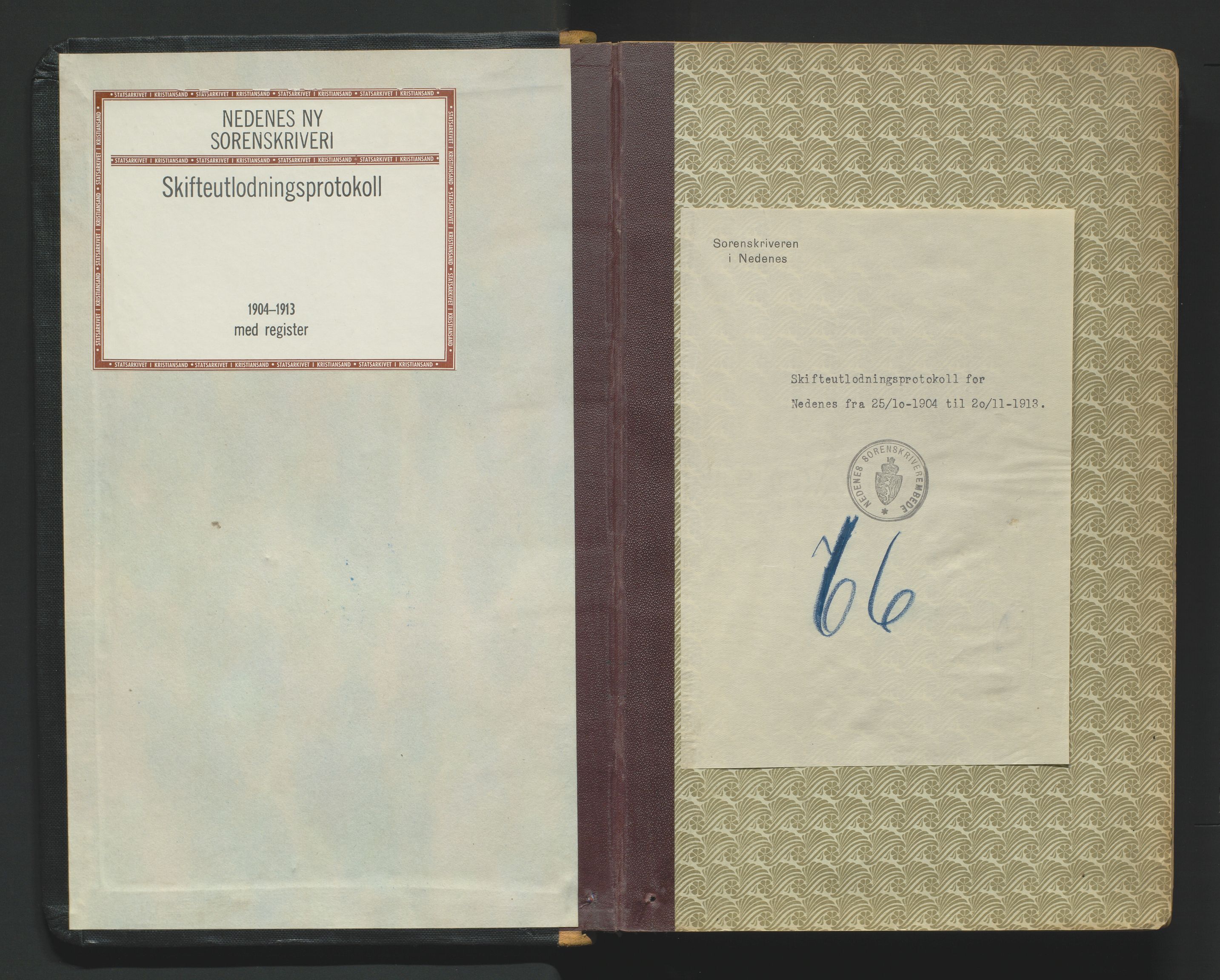 Nedenes sorenskriveri, AV/SAK-1221-0006/H/Hc/L0020: Skifteutlodningsprotokoll nr 6 med register, 1904-1913