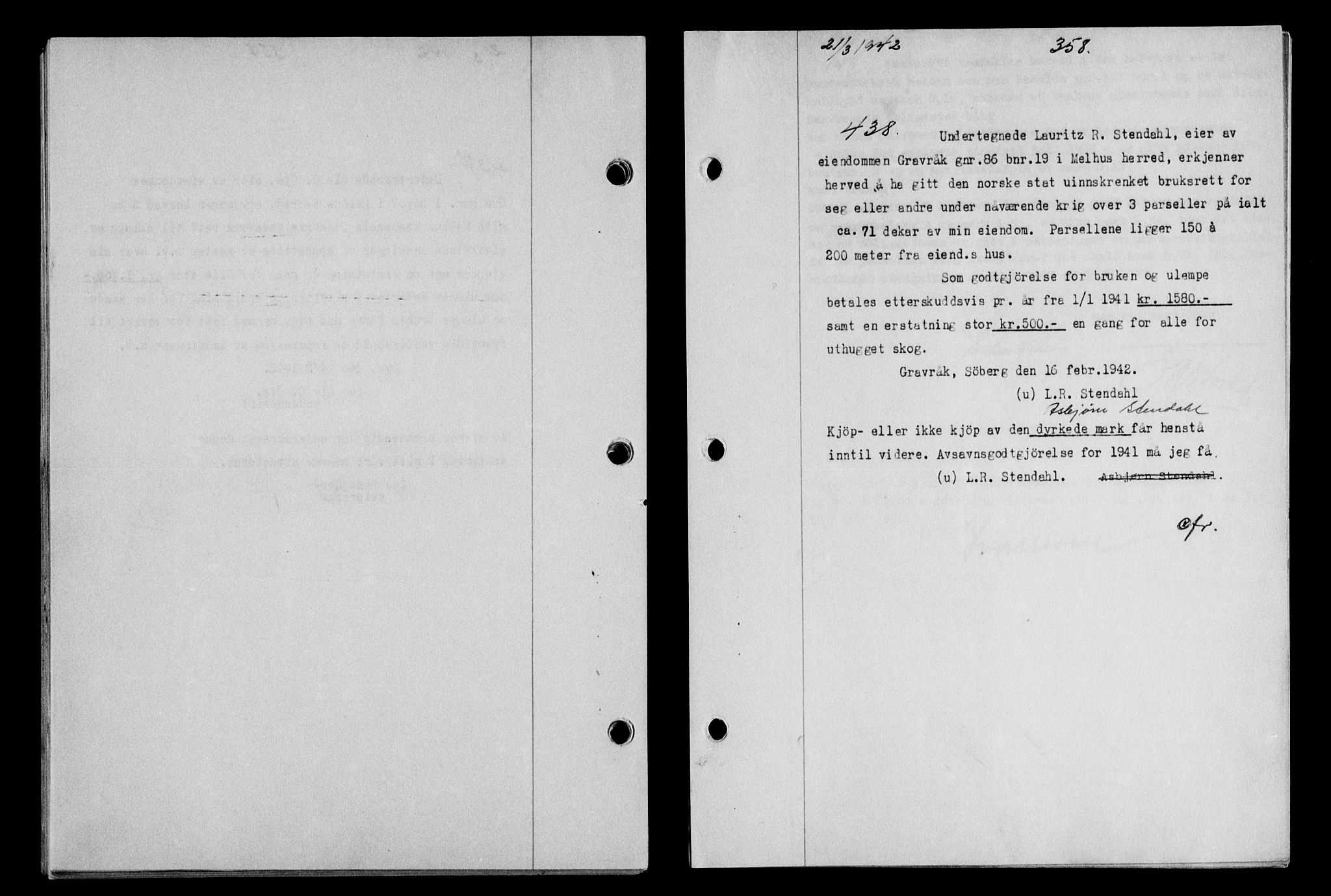 Gauldal sorenskriveri, SAT/A-0014/1/2/2C/L0054: Pantebok nr. 59, 1941-1942, Dagboknr: 438/1942