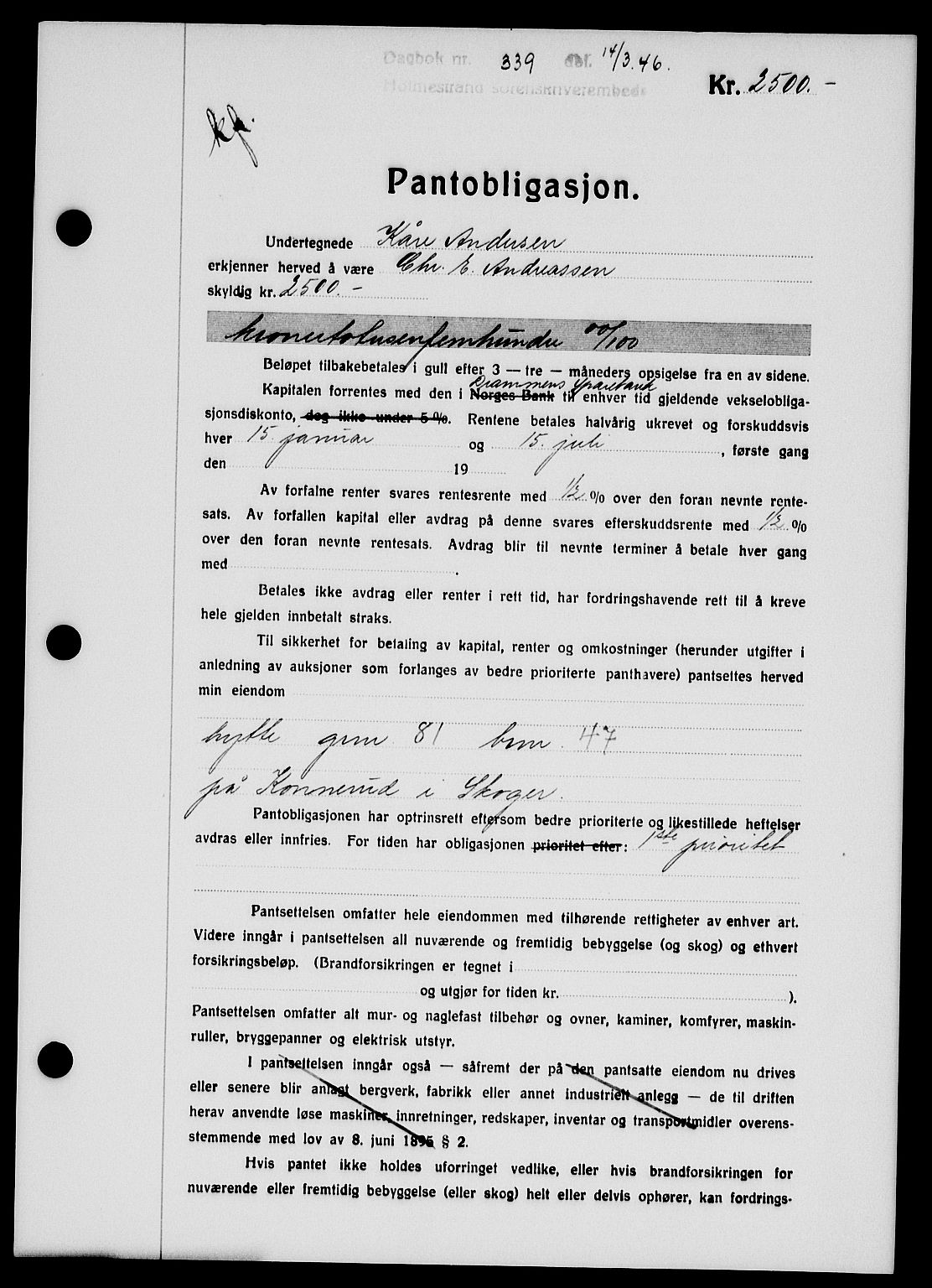 Holmestrand sorenskriveri, SAKO/A-67/G/Ga/Gab/L0055: Pantebok nr. B-55, 1945-1946, Dagboknr: 339/1946
