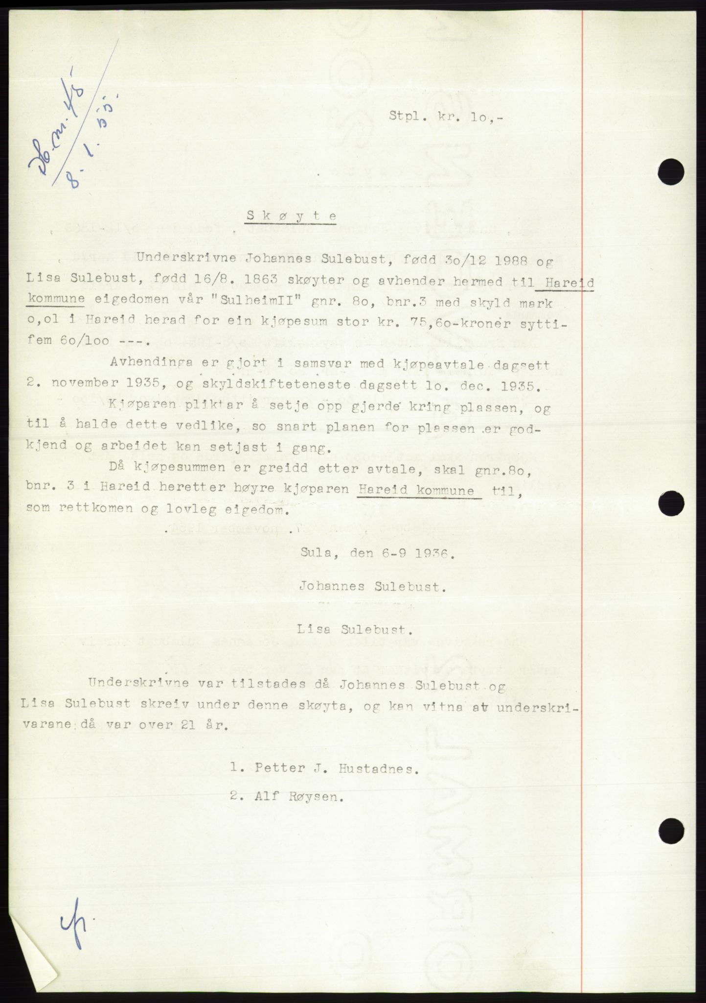 Søre Sunnmøre sorenskriveri, AV/SAT-A-4122/1/2/2C/L0100: Pantebok nr. 26A, 1954-1955, Dagboknr: 45/1955