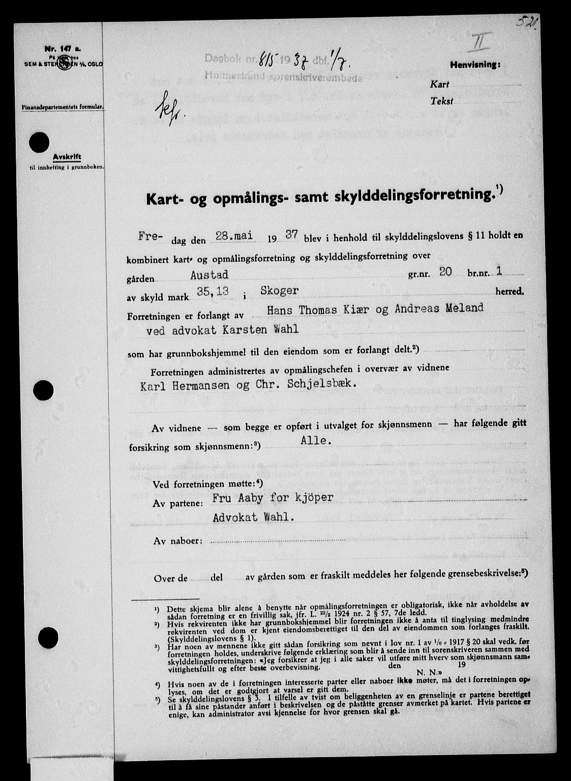 Holmestrand sorenskriveri, SAKO/A-67/G/Ga/Gaa/L0048: Pantebok nr. A-48, 1936-1937, Dagboknr: 815/1937