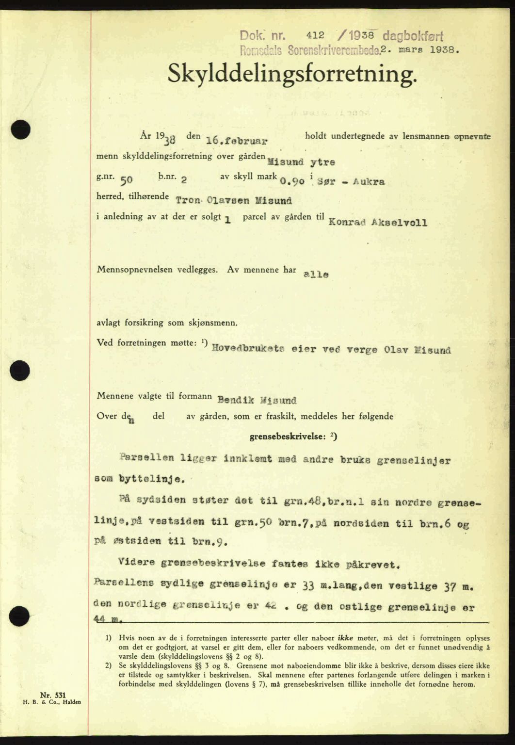 Romsdal sorenskriveri, SAT/A-4149/1/2/2C: Pantebok nr. A4, 1937-1938, Dagboknr: 412/1938
