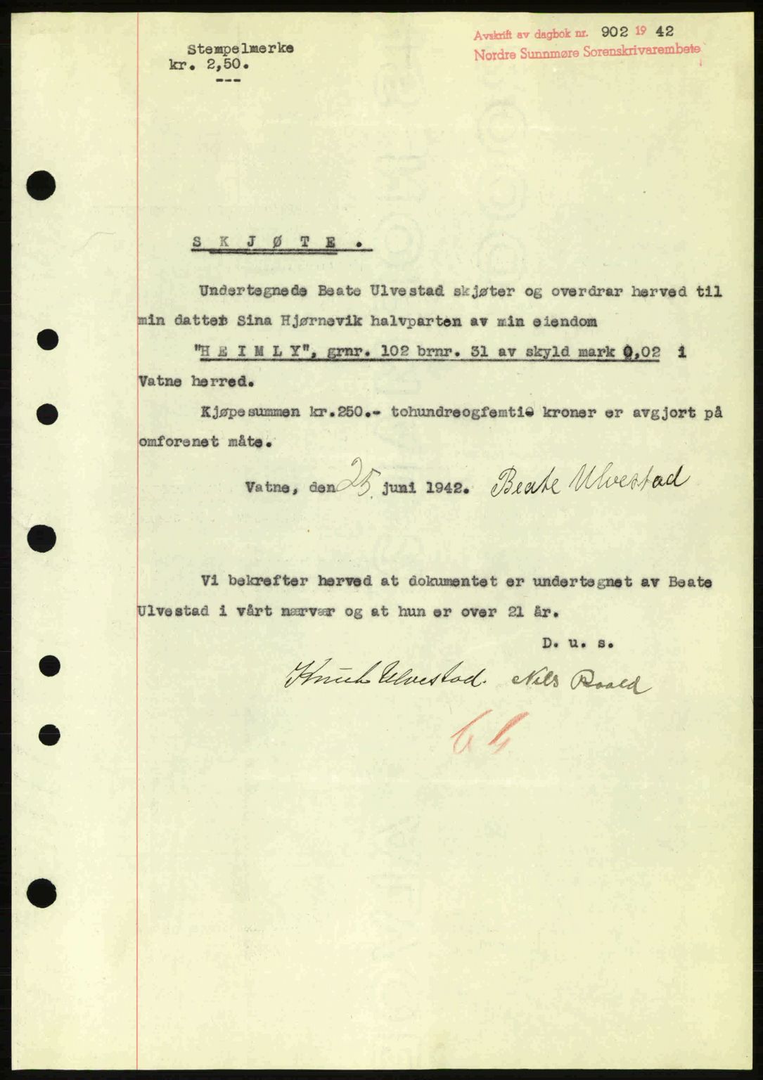 Nordre Sunnmøre sorenskriveri, AV/SAT-A-0006/1/2/2C/2Ca: Pantebok nr. A13, 1942-1942, Dagboknr: 902/1942