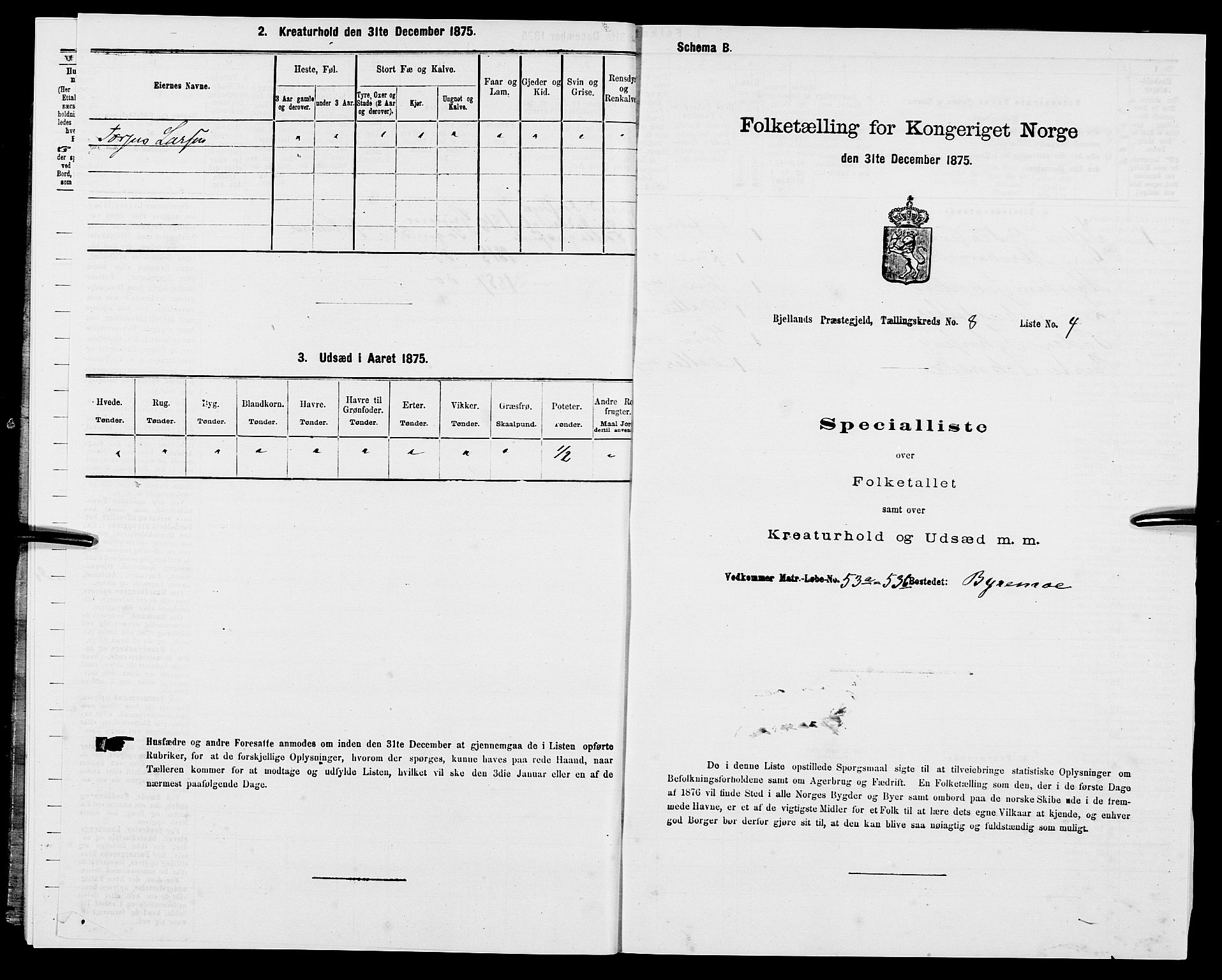 SAK, Folketelling 1875 for 1024P Bjelland prestegjeld, 1875, s. 514