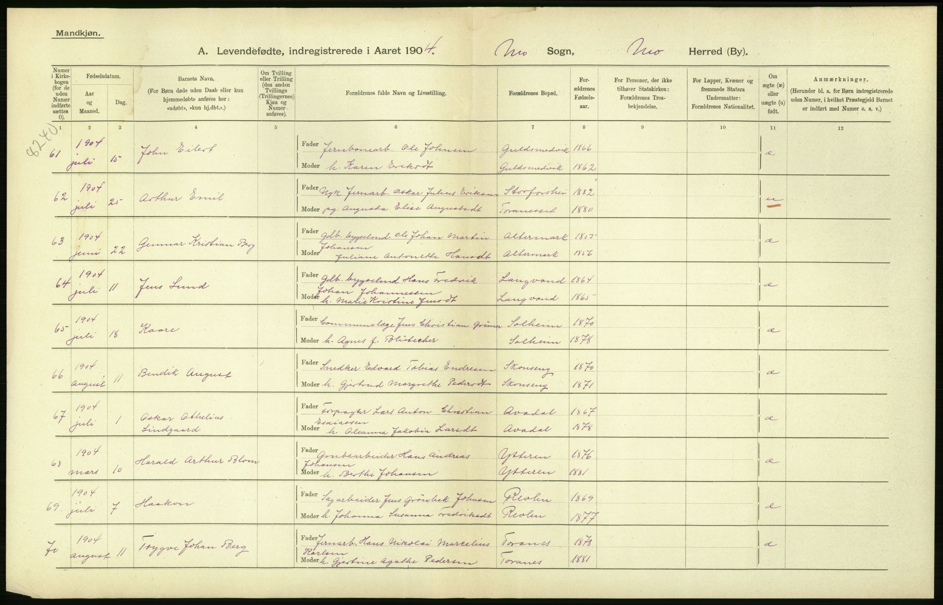 Statistisk sentralbyrå, Sosiodemografiske emner, Befolkning, AV/RA-S-2228/D/Df/Dfa/Dfab/L0020: Nordlands amt: Fødte. Bygder, 1904, s. 4