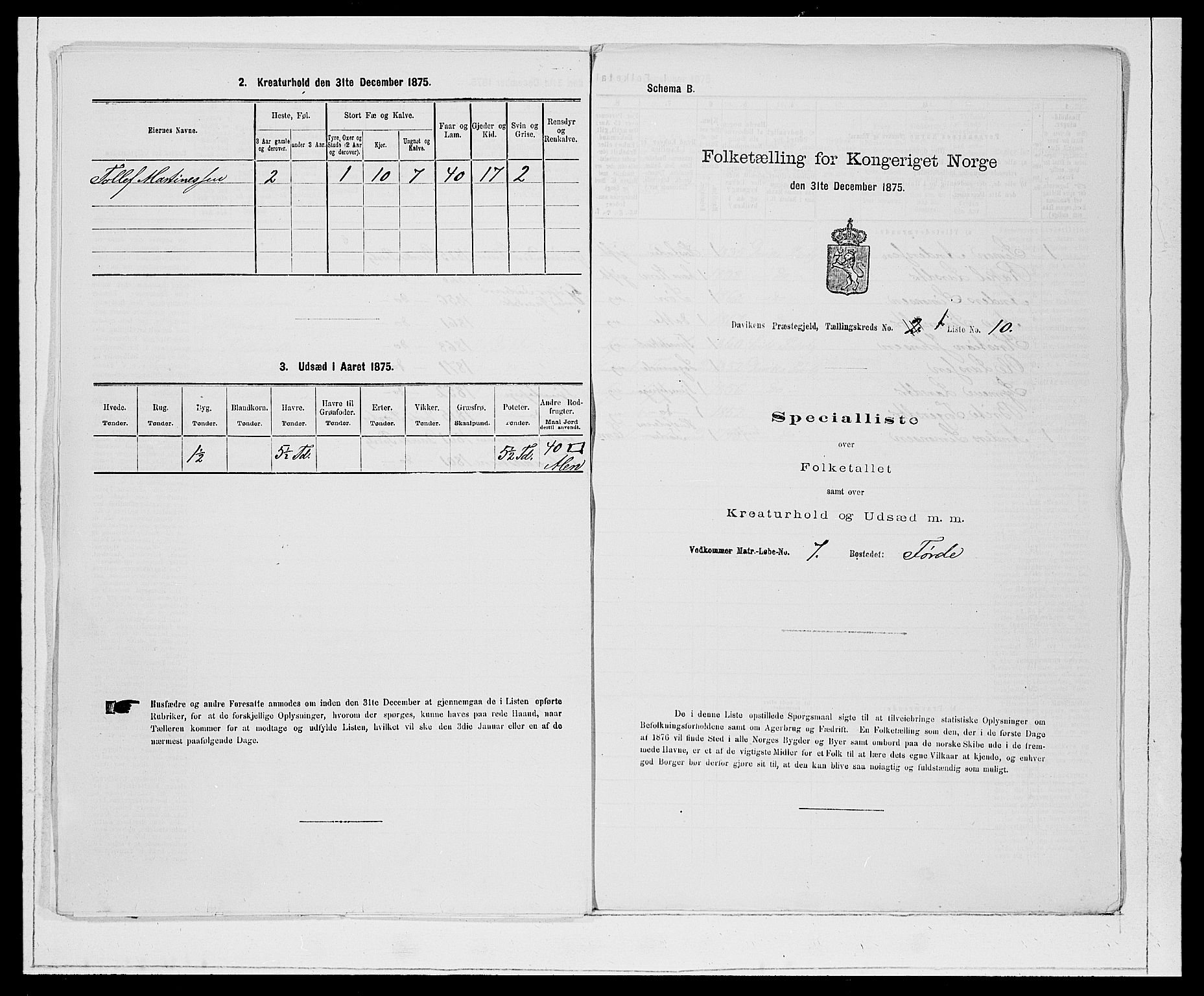 SAB, Folketelling 1875 for 1442P Davik prestegjeld, 1875, s. 43