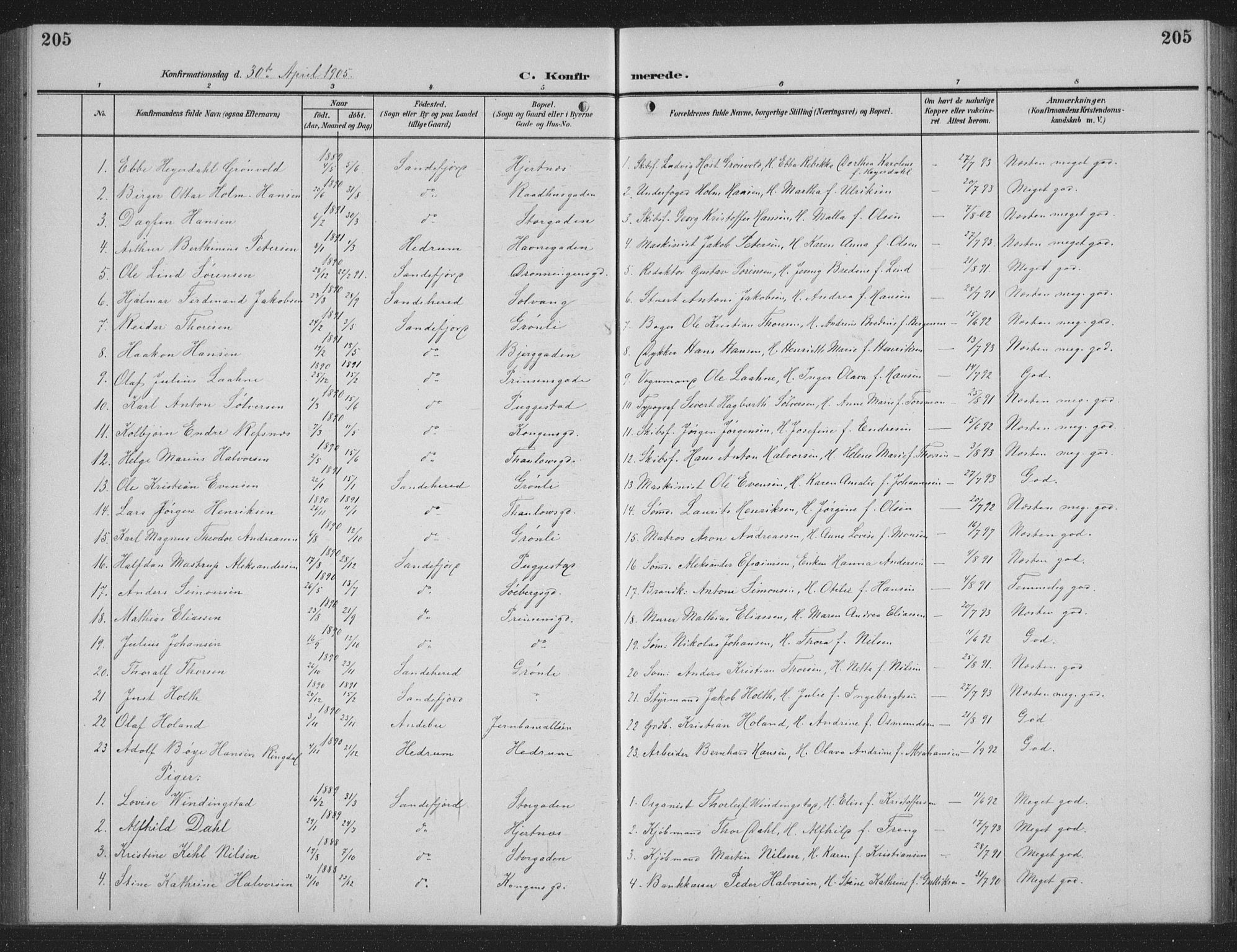 Sandefjord kirkebøker, AV/SAKO-A-315/G/Ga/L0003: Klokkerbok nr. 3, 1903-1920, s. 205