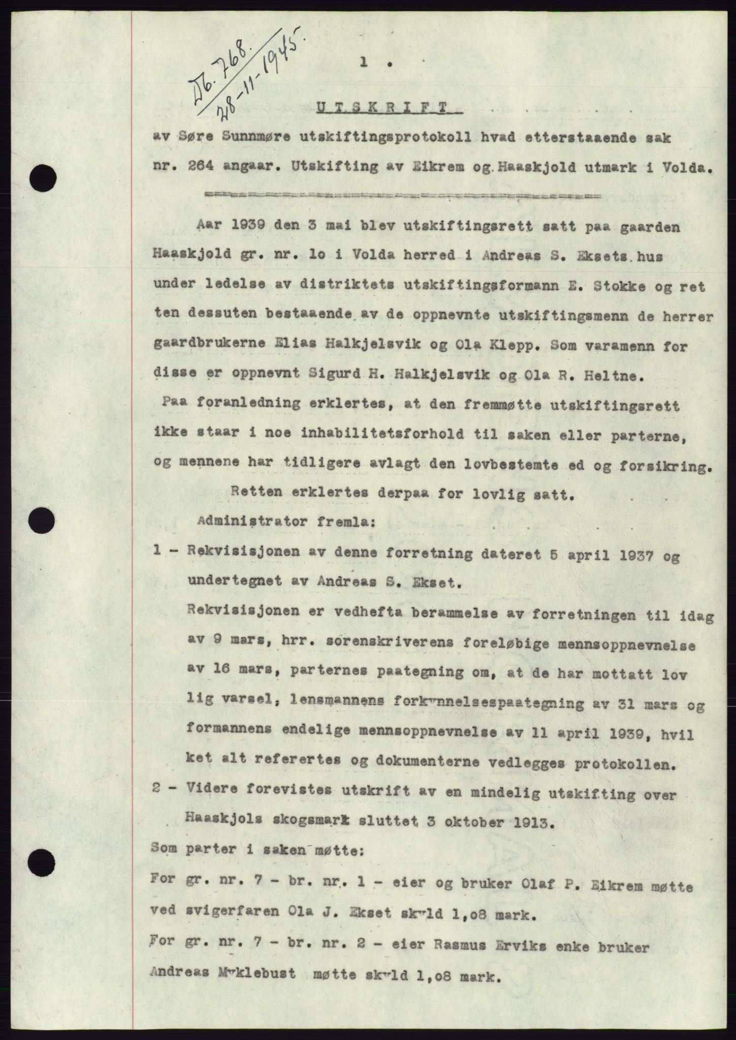Søre Sunnmøre sorenskriveri, SAT/A-4122/1/2/2C/L0077: Pantebok nr. 3A, 1945-1946, Dagboknr: 768/1945