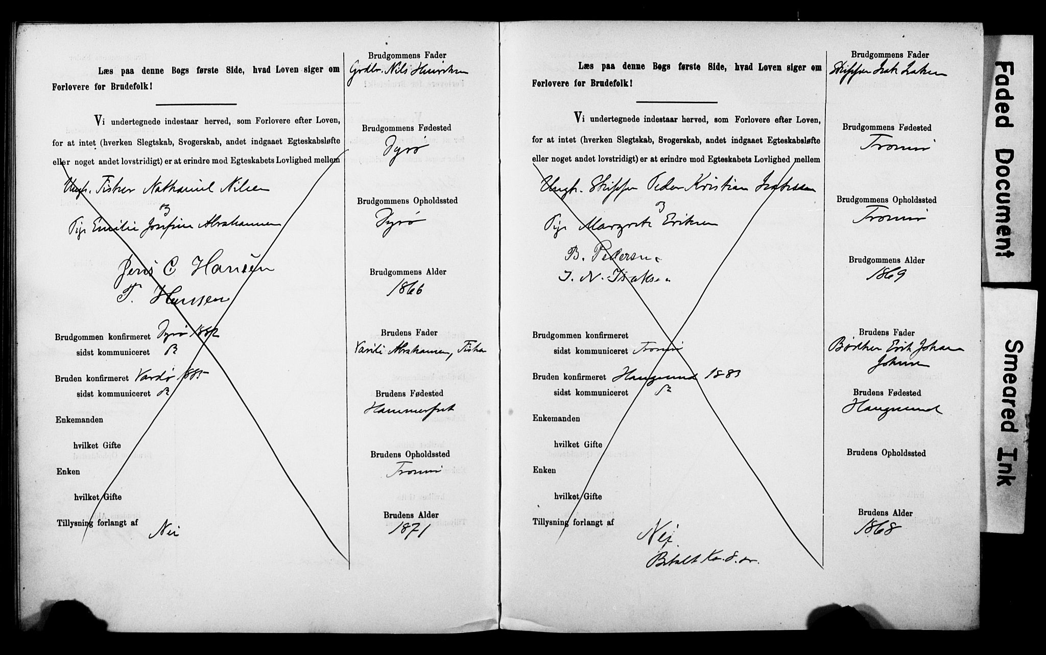 Tromsø sokneprestkontor/stiftsprosti/domprosti, AV/SATØ-S-1343/H/Hc/L0099/0001: Lysningsprotokoll nr. 99.1, 1886-1892