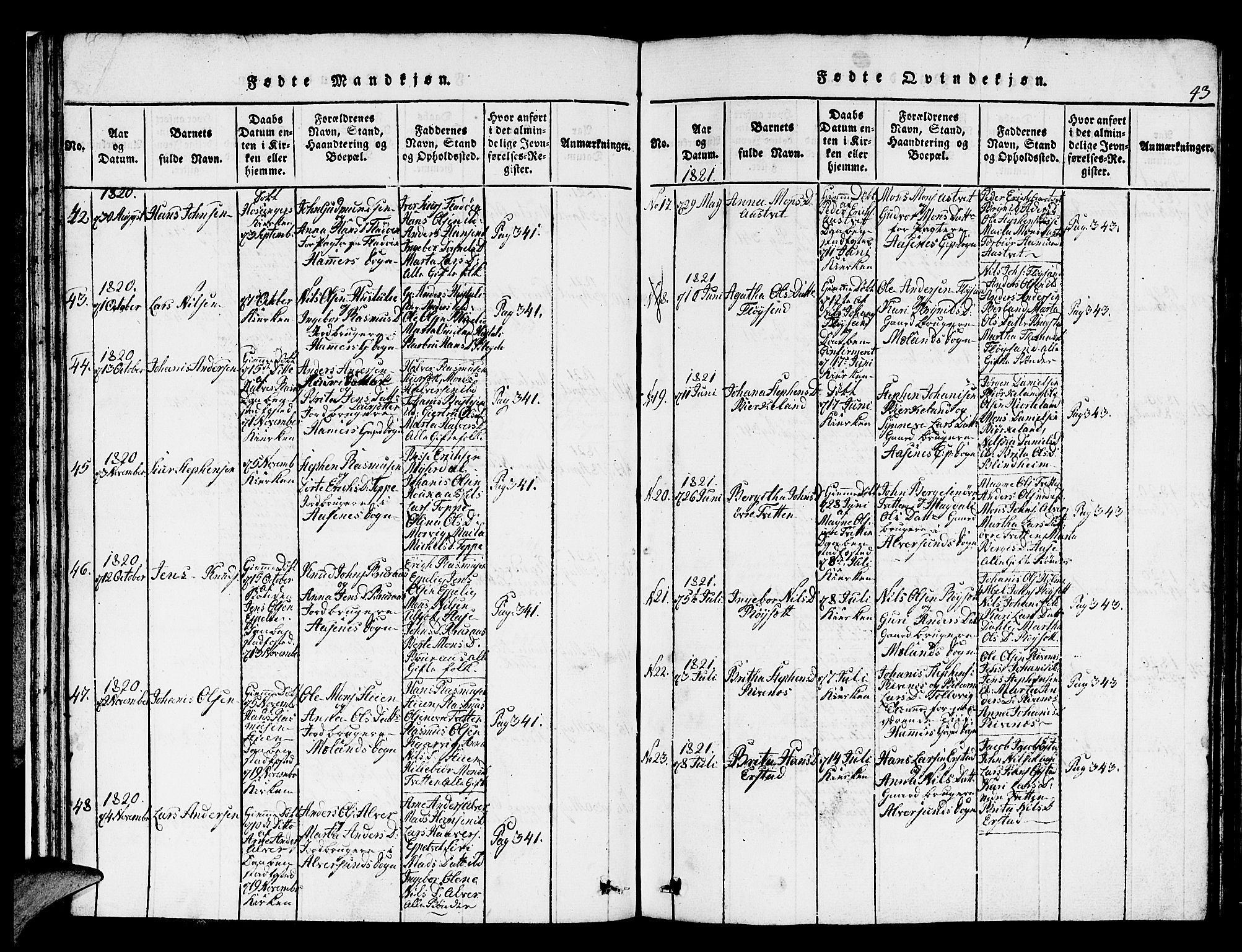 Hamre sokneprestembete, AV/SAB-A-75501/H/Ha/Hab: Klokkerbok nr. A 1, 1816-1826, s. 43