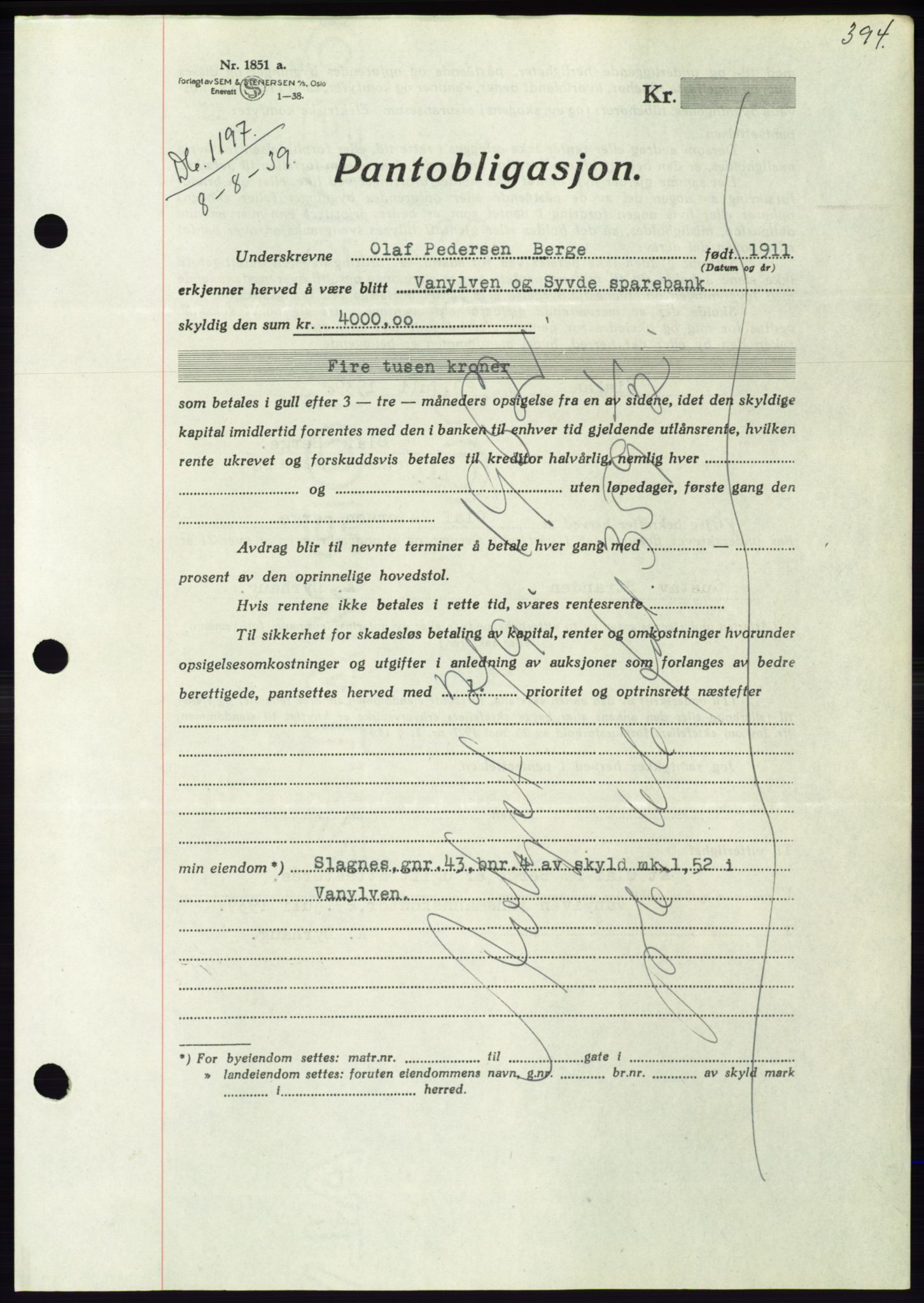 Søre Sunnmøre sorenskriveri, AV/SAT-A-4122/1/2/2C/L0068: Pantebok nr. 62, 1939-1939, Dagboknr: 1197/1939