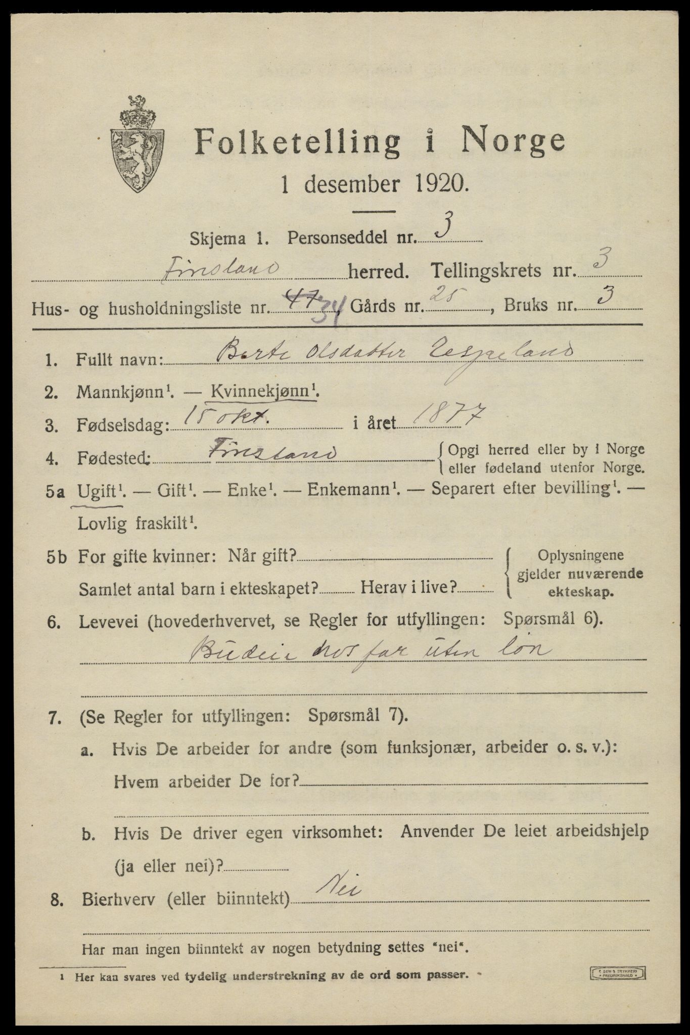 SAK, Folketelling 1920 for 1023 Finsland herred, 1920, s. 1580