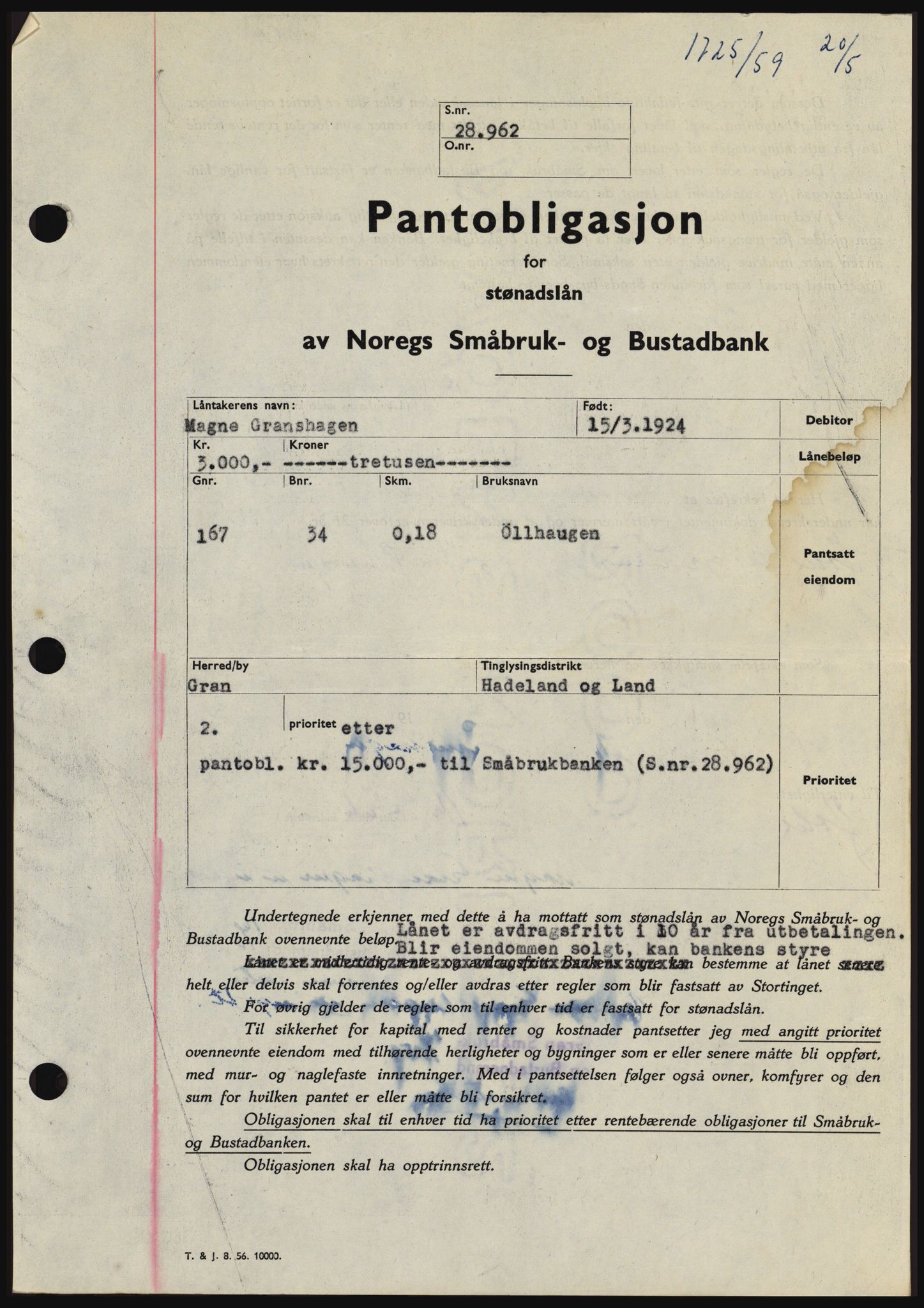 Hadeland og Land tingrett, SAH/TING-010/H/Hb/Hbc/L0040: Pantebok nr. B40, 1959-1959, Dagboknr: 1725/1959