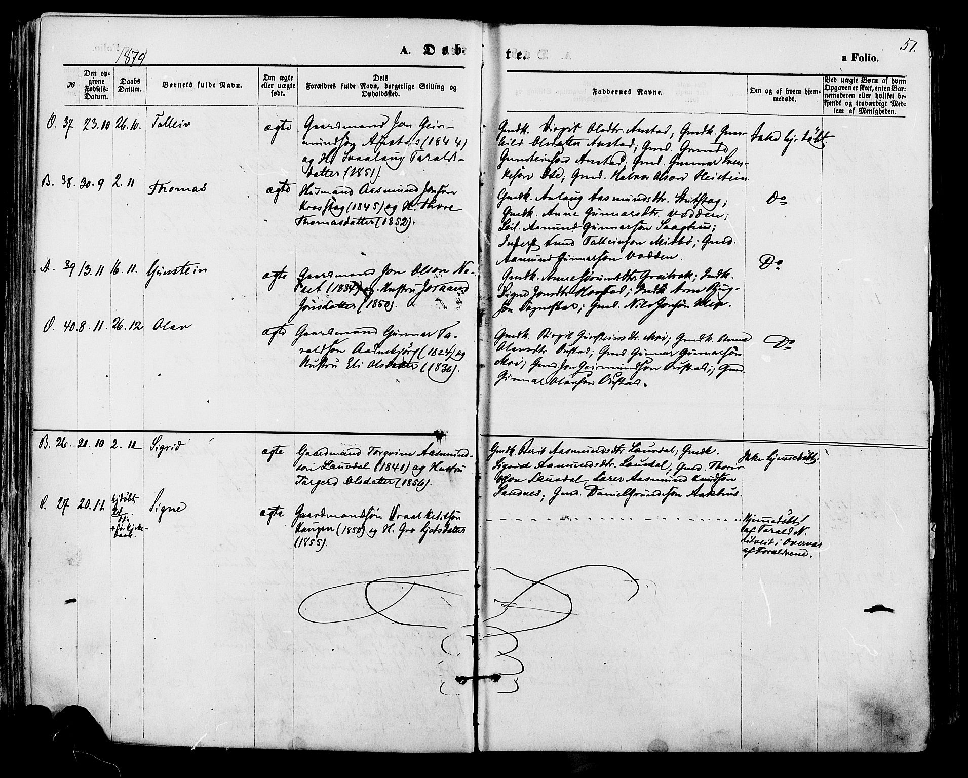 Bygland sokneprestkontor, AV/SAK-1111-0006/F/Fa/Fab/L0006: Ministerialbok nr. A 6, 1873-1884, s. 51