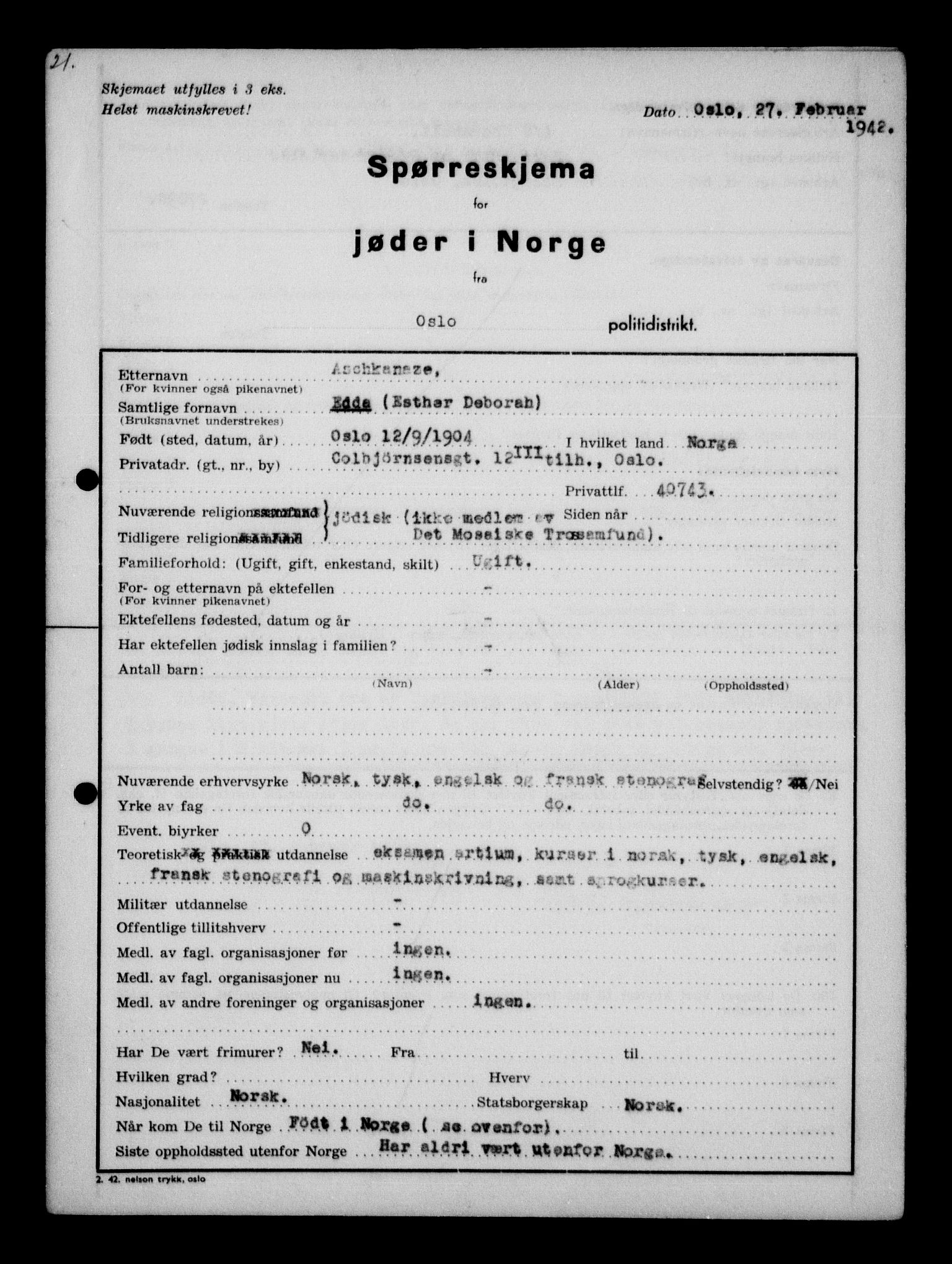 Statspolitiet - Hovedkontoret / Osloavdelingen, AV/RA-S-1329/G/Ga/L0009: Spørreskjema for jøder i Norge, Oslo Alexander-Gutman, 1942, s. 59