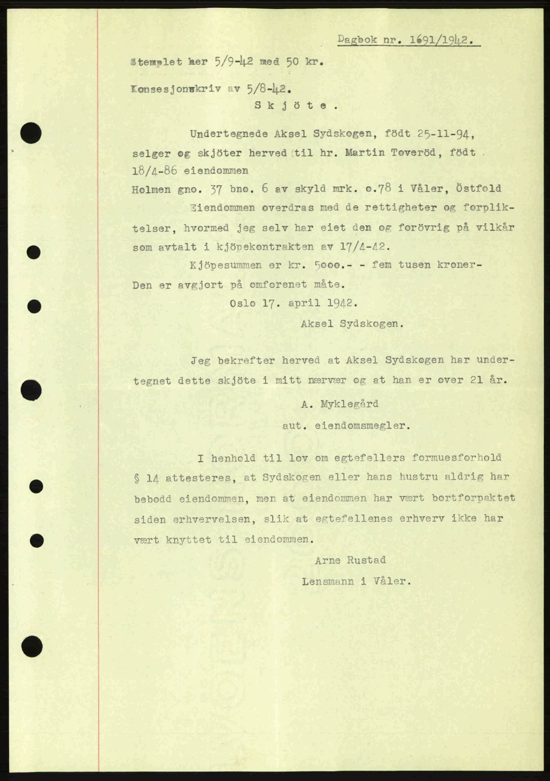 Moss sorenskriveri, SAO/A-10168: Pantebok nr. A10, 1942-1943, Dagboknr: 1691/1942