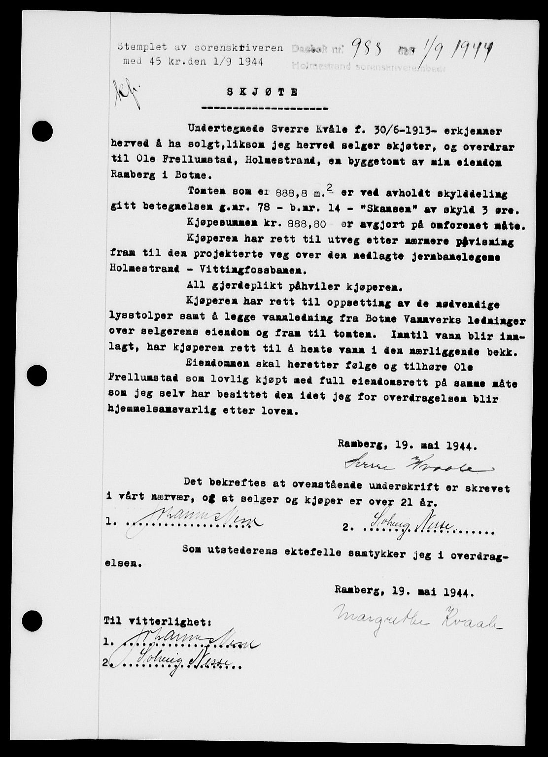 Holmestrand sorenskriveri, SAKO/A-67/G/Ga/Gaa/L0058: Pantebok nr. A-58, 1944-1944, Dagboknr: 988/1944