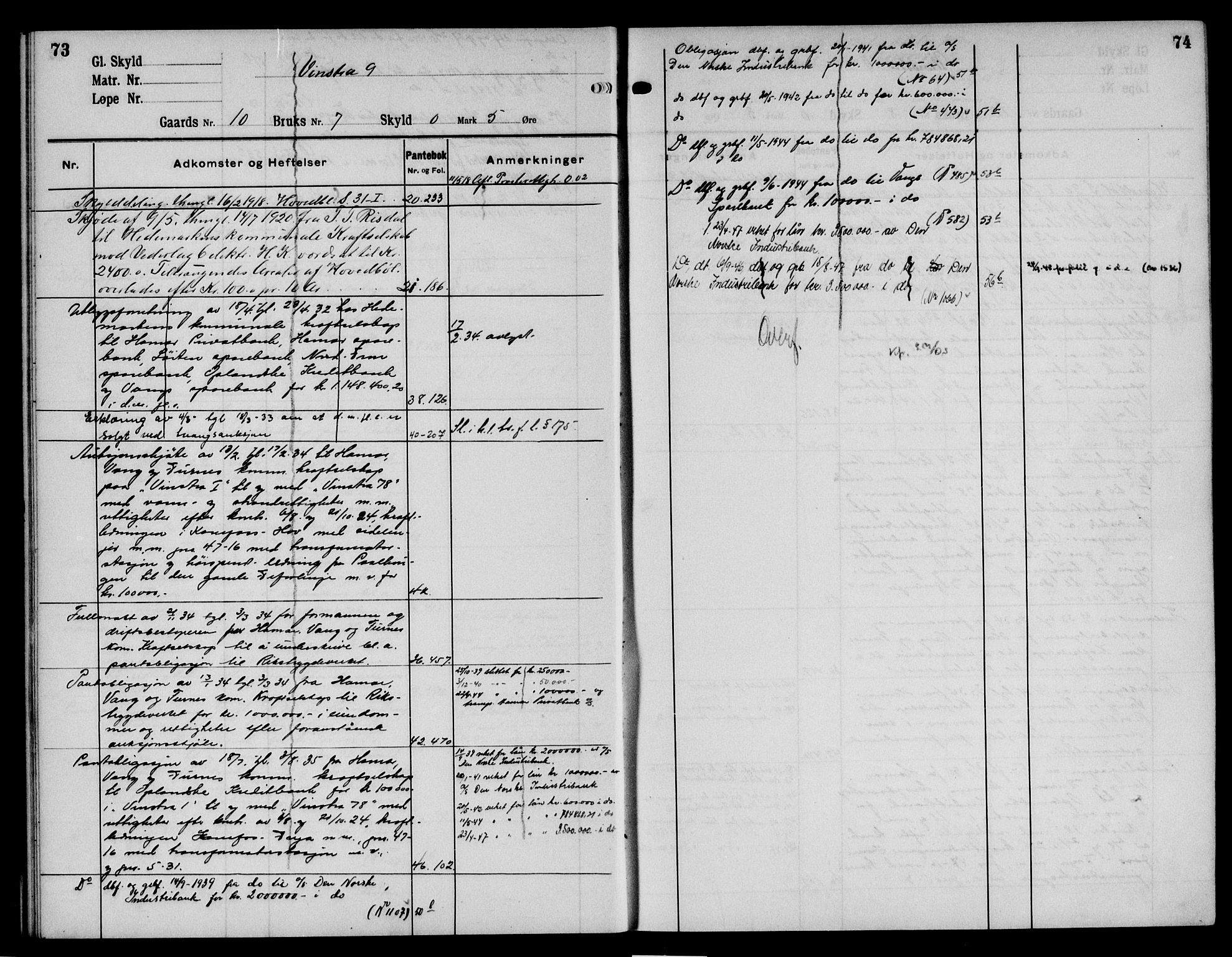 Nord-Gudbrandsdal tingrett, AV/SAH-TING-002/H/Ha/Had/L0015: Panteregister nr. 15, 1917-1950, s. 73-74