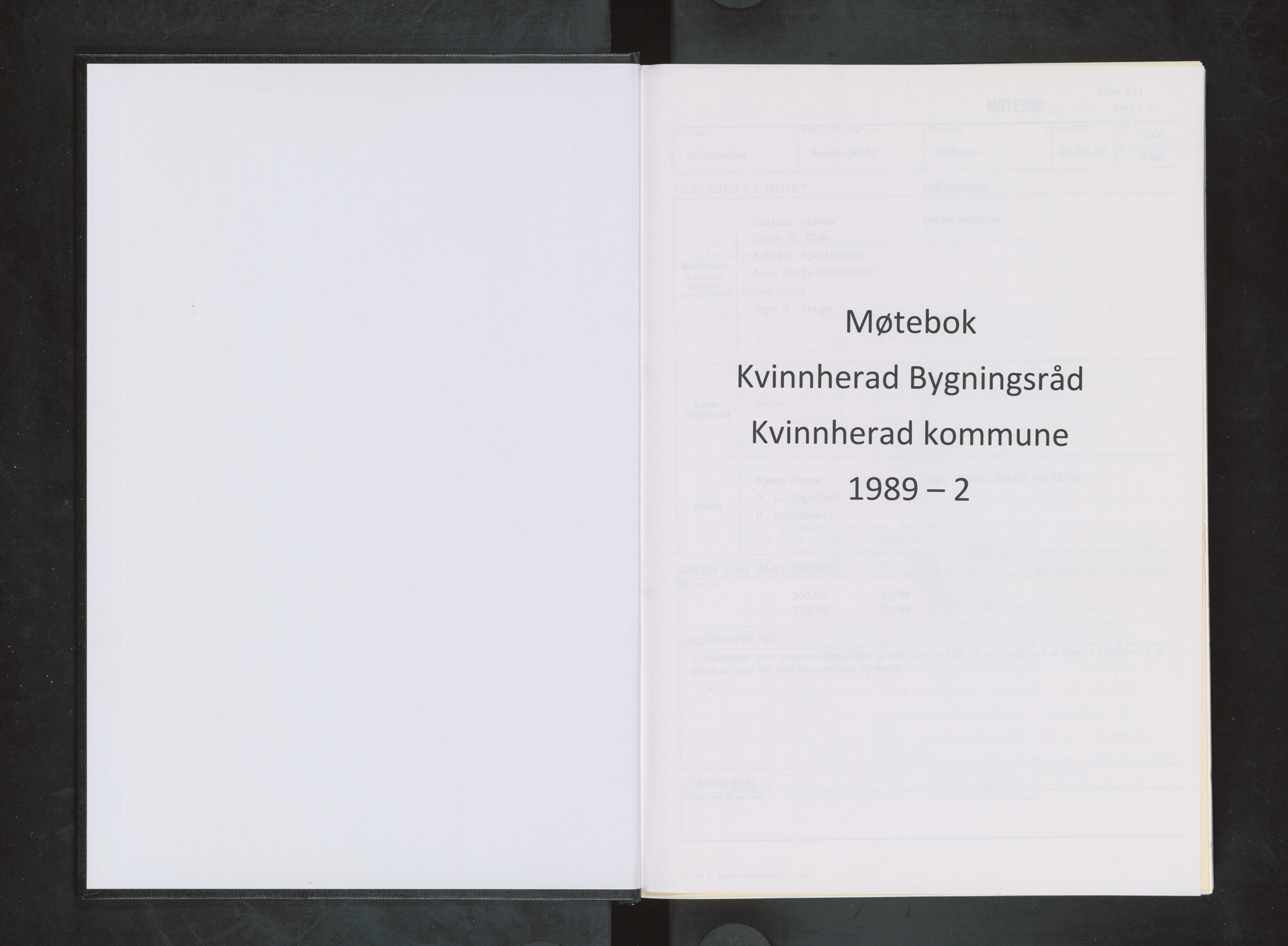 Kvinnherad kommune. Bygningsrådet , IKAH/1224-511/A/Aa/L0060: Møtebok for Kvinnherad bygningsråd, 1989