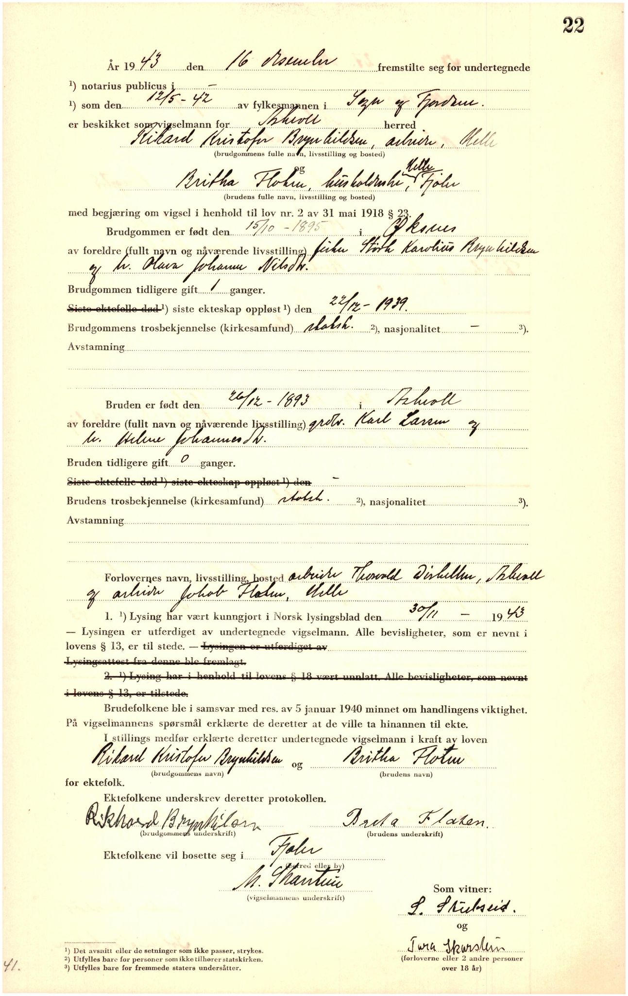 Sunnfjord tingrett, AV/SAB-A-3201/1/M/Mc/Mca/L0001: Vigselsbok, 1942-1945, s. 22a