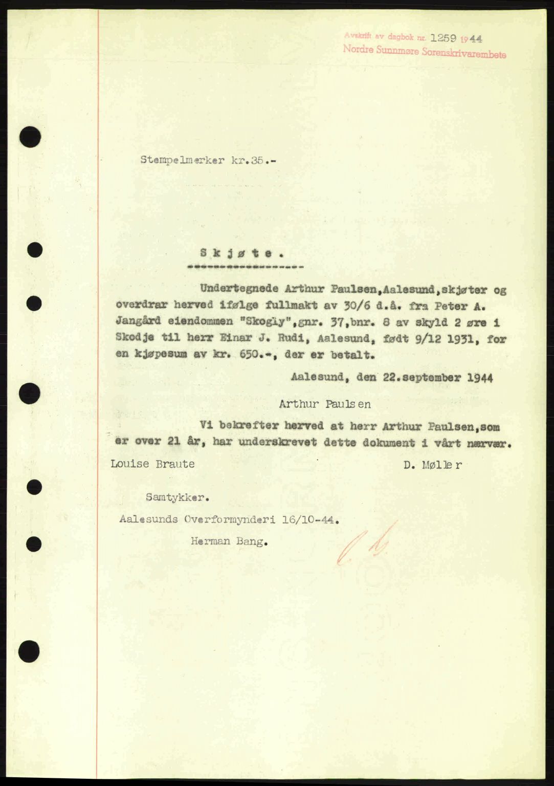 Nordre Sunnmøre sorenskriveri, SAT/A-0006/1/2/2C/2Ca: Pantebok nr. A18, 1944-1944, Dagboknr: 1259/1944