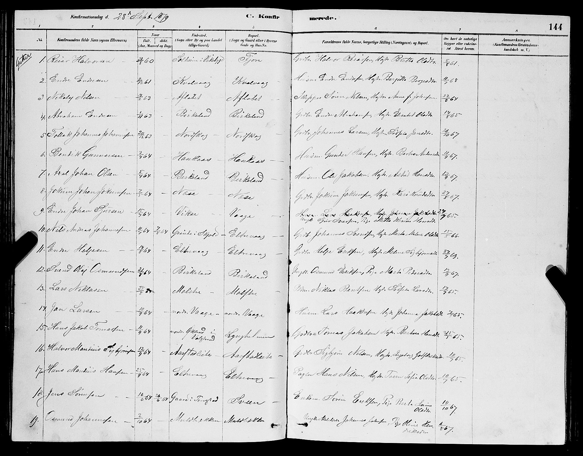 Sveio Sokneprestembete, AV/SAB-A-78501/H/Hab: Klokkerbok nr. A 3, 1878-1896, s. 144