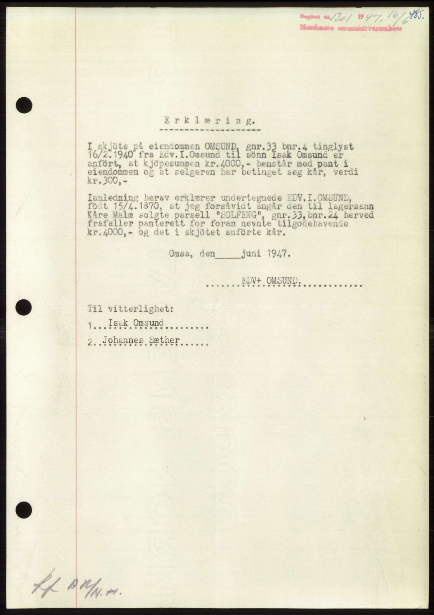 Nordmøre sorenskriveri, SAT/A-4132/1/2/2Ca: Pantebok nr. B96, 1947-1947, Dagboknr: 1301/1947