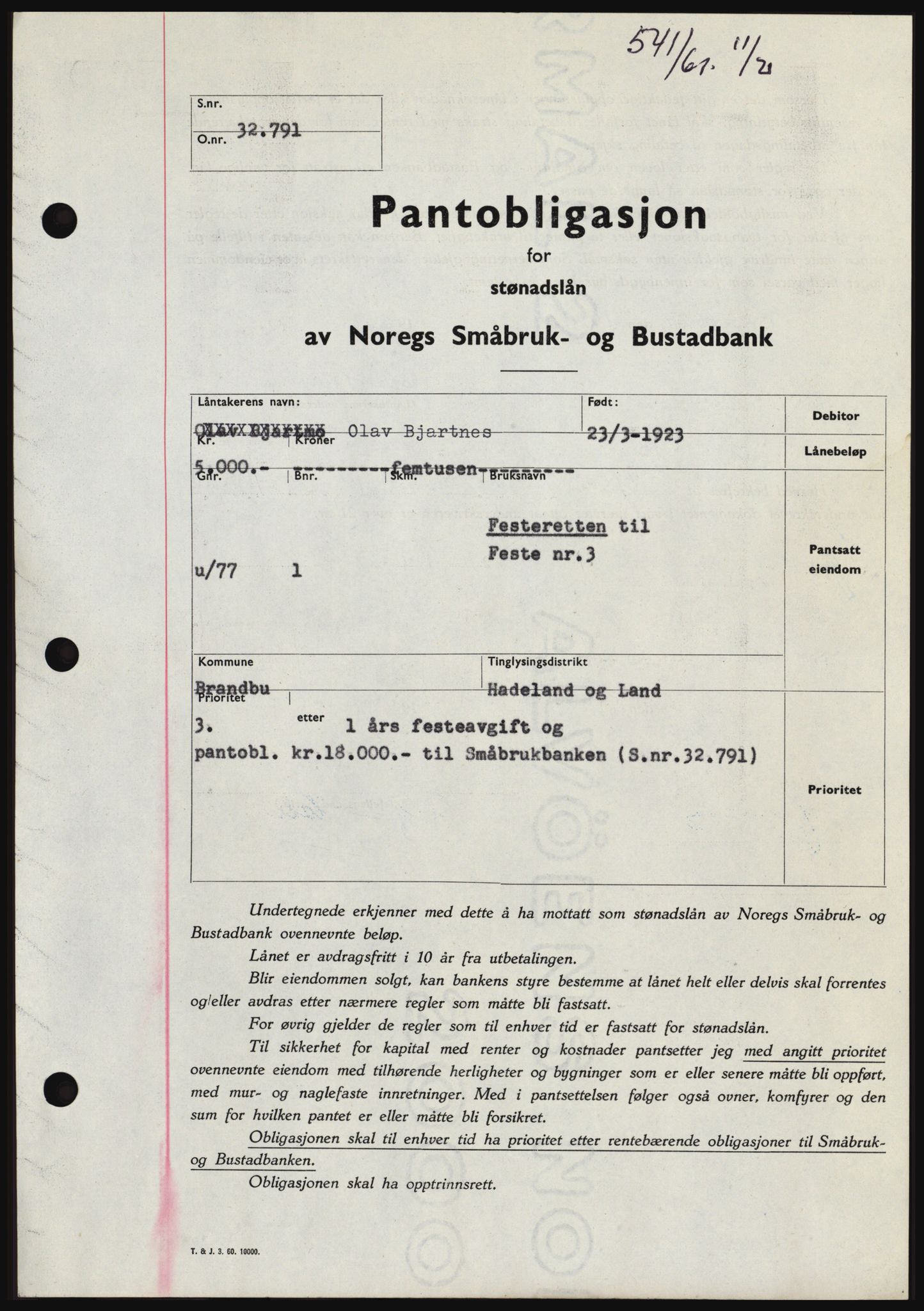Hadeland og Land tingrett, SAH/TING-010/H/Hb/Hbc/L0045: Pantebok nr. B45, 1961-1961, Dagboknr: 541/1961