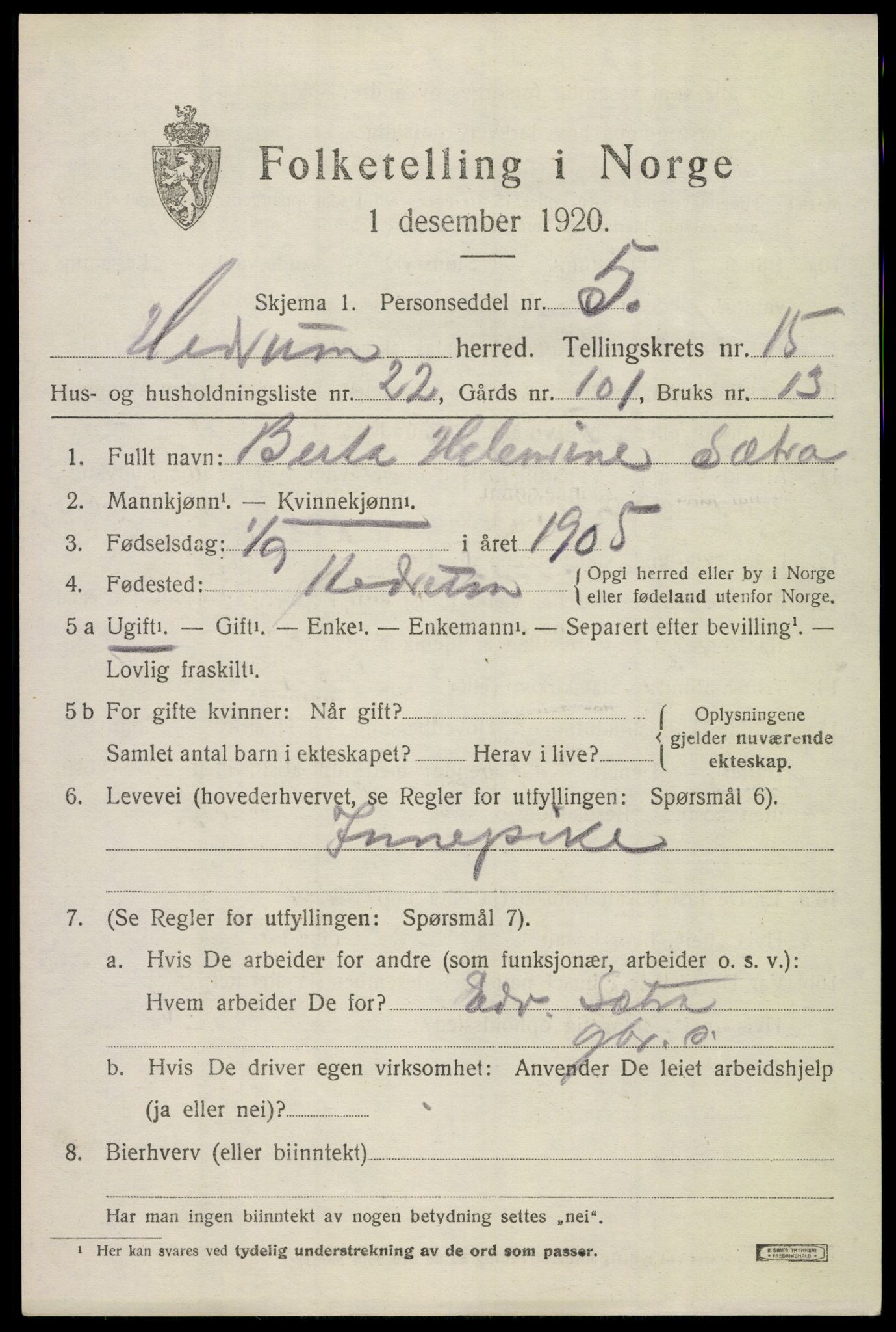 SAKO, Folketelling 1920 for 0727 Hedrum herred, 1920, s. 10197