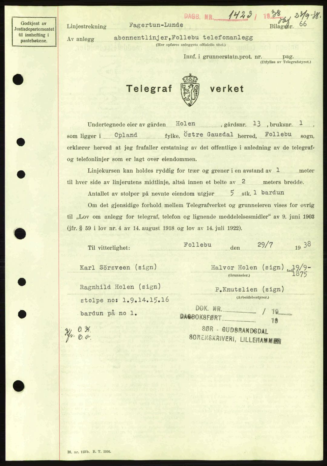 Sør-Gudbrandsdal tingrett, SAH/TING-004/H/Hb/Hbd/L0005: Pantebok nr. A5, 1938-1939, Dagboknr: 1423/1938