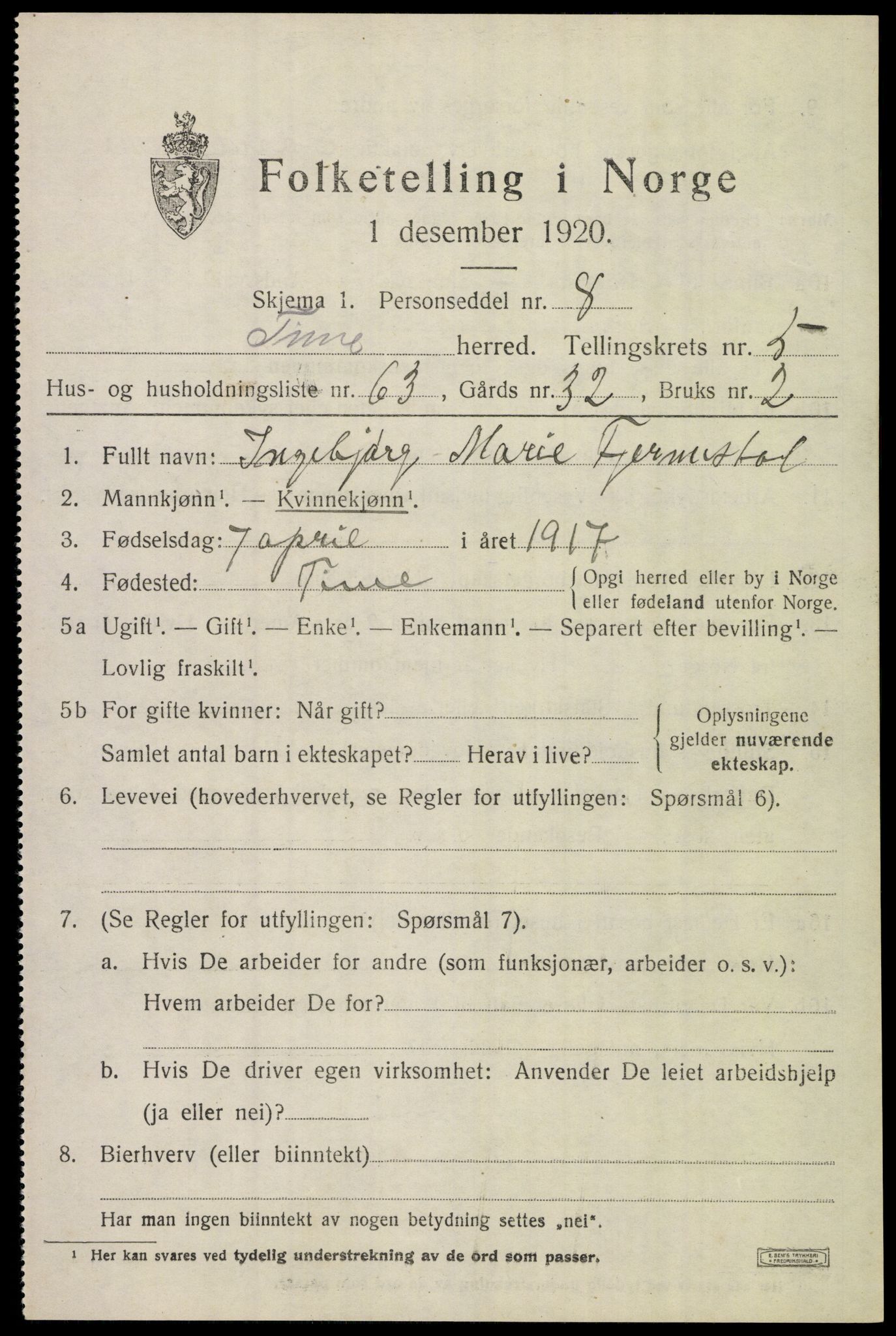 SAST, Folketelling 1920 for 1121 Time herred, 1920, s. 6959