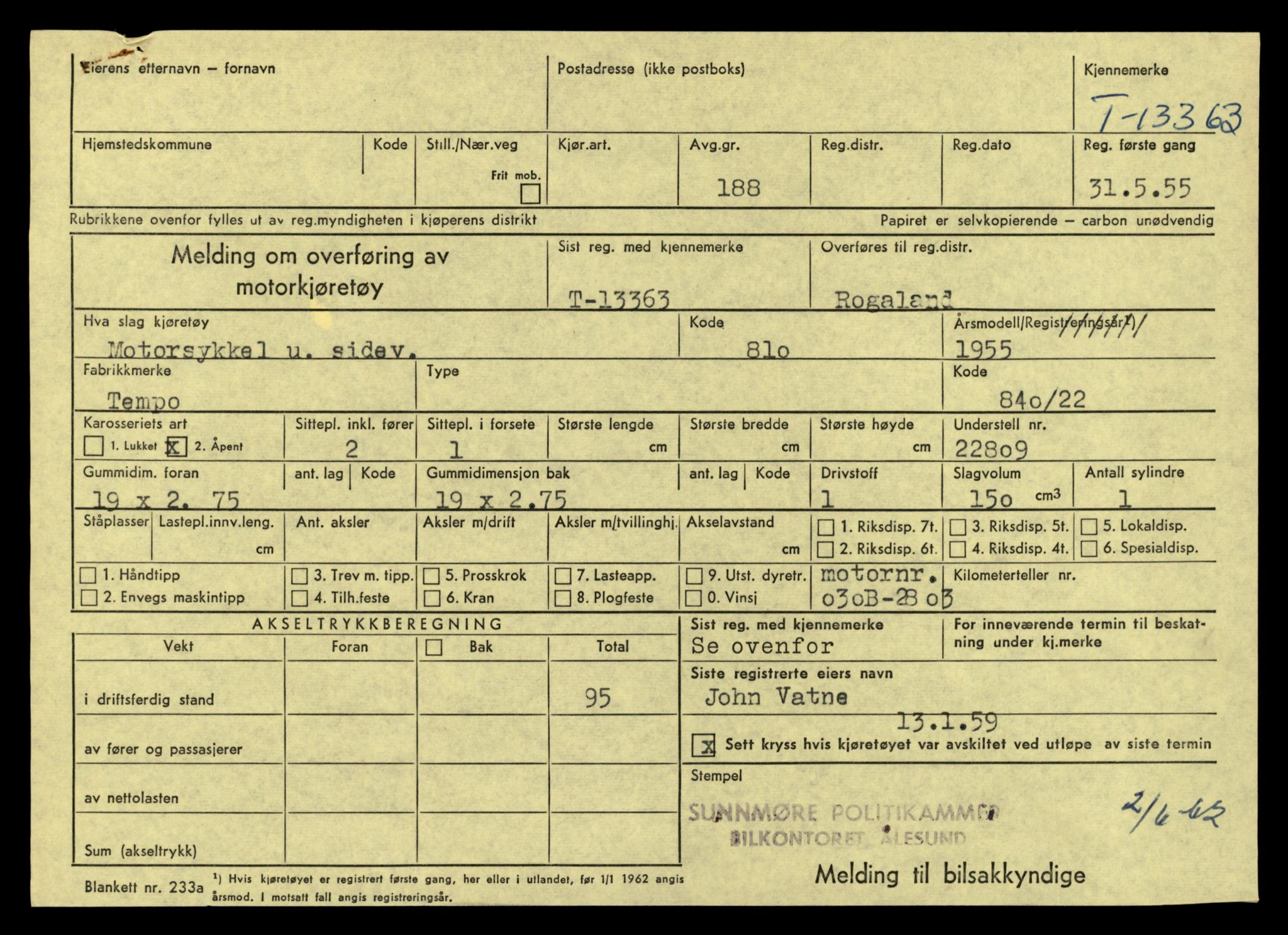 Møre og Romsdal vegkontor - Ålesund trafikkstasjon, AV/SAT-A-4099/F/Fe/L0039: Registreringskort for kjøretøy T 13361 - T 13530, 1927-1998, s. 43