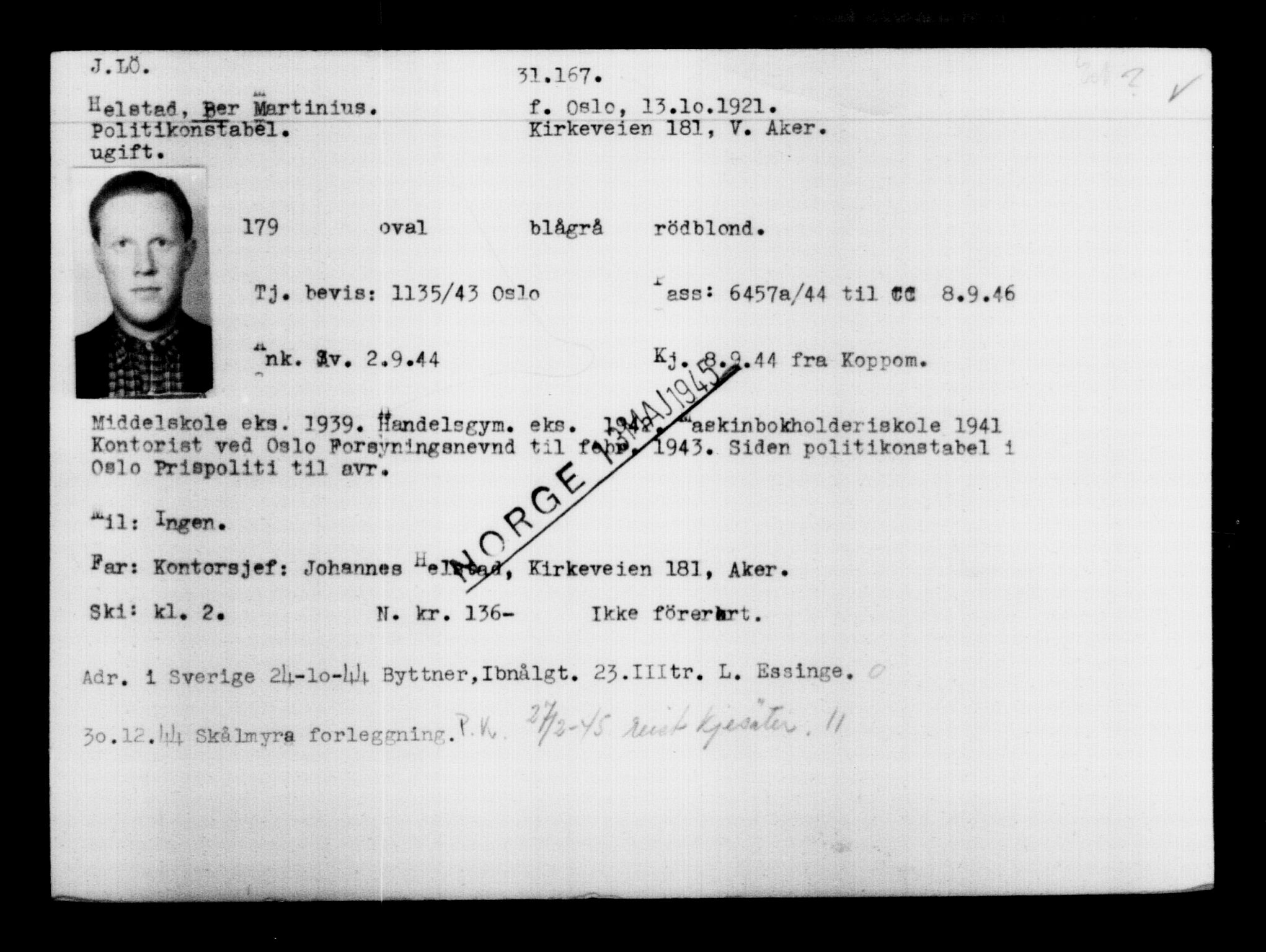 Utenriksstasjonene, Legasjonen i Stockholm, Flyktningkontoret, AV/RA-S-6753/V/Va/L0012: Kjesäterkartoteket, flyktninger med registreringsnr. 28300-31566, 1940-1945, s. 3105