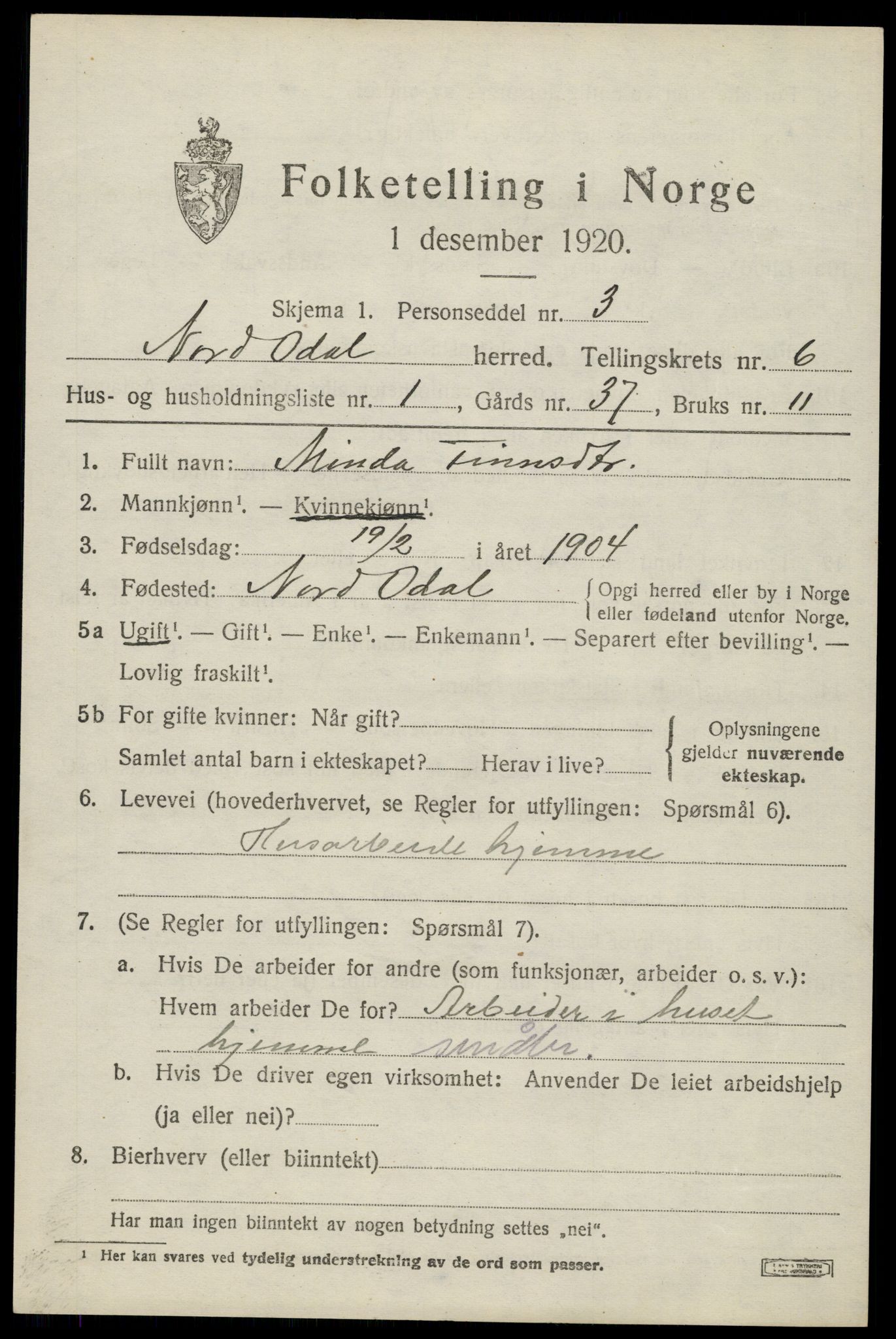 SAH, Folketelling 1920 for 0418 Nord-Odal herred, 1920, s. 6573