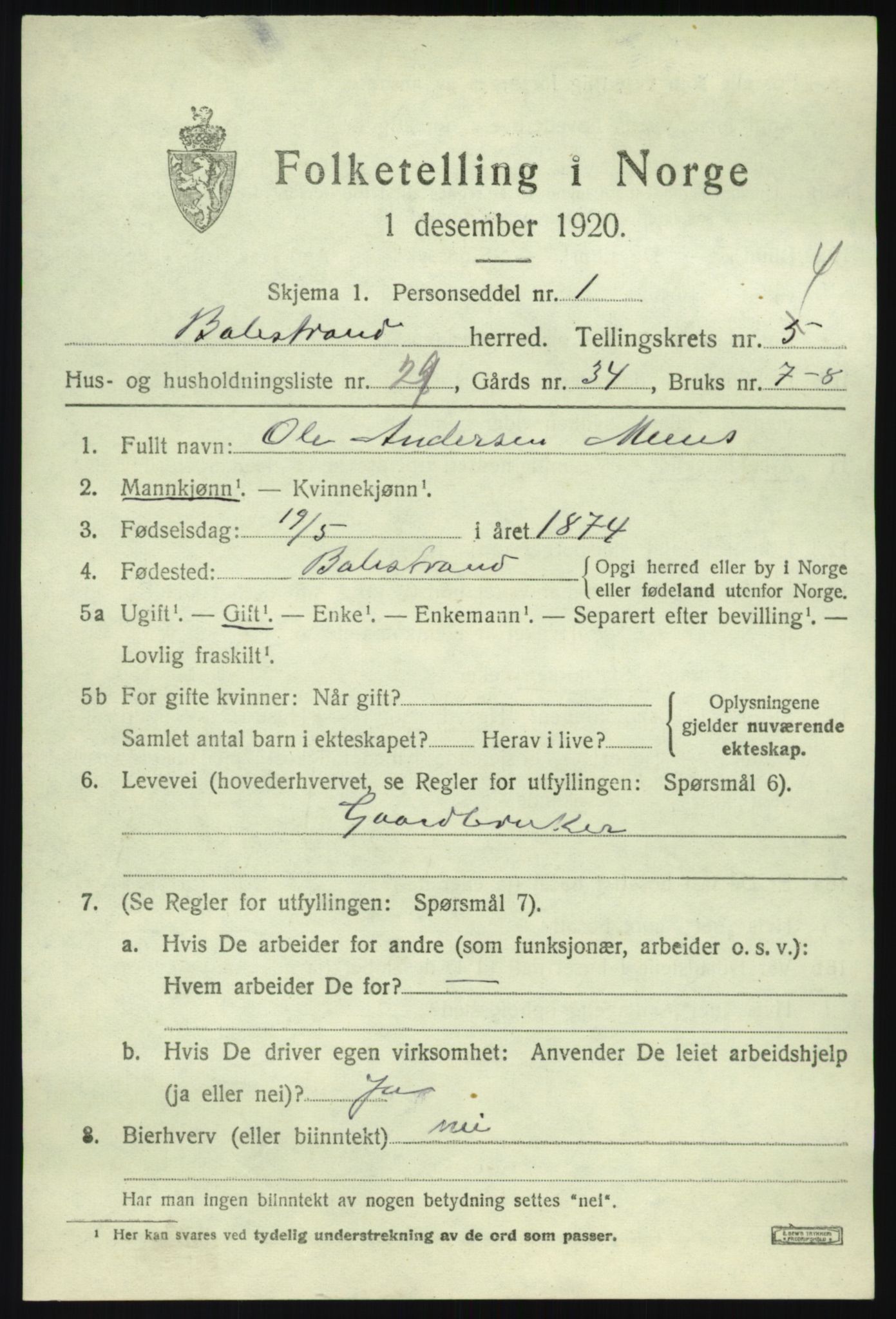 SAB, Folketelling 1920 for 1418 Balestrand herred, 1920, s. 2476