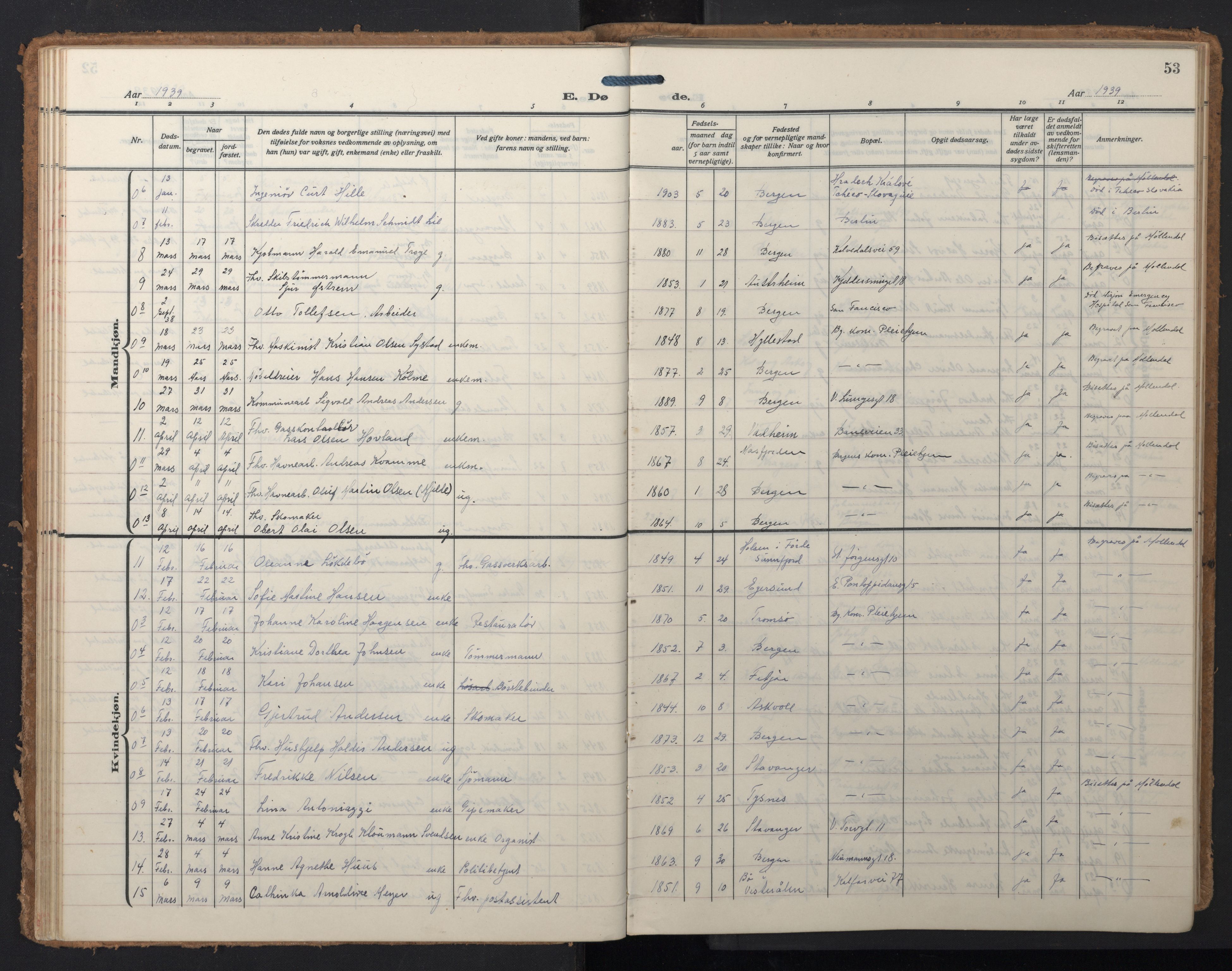 Domkirken sokneprestembete, SAB/A-74801/H/Hab/L0043: Klokkerbok nr. E 7, 1929-1965, s. 52b-53a