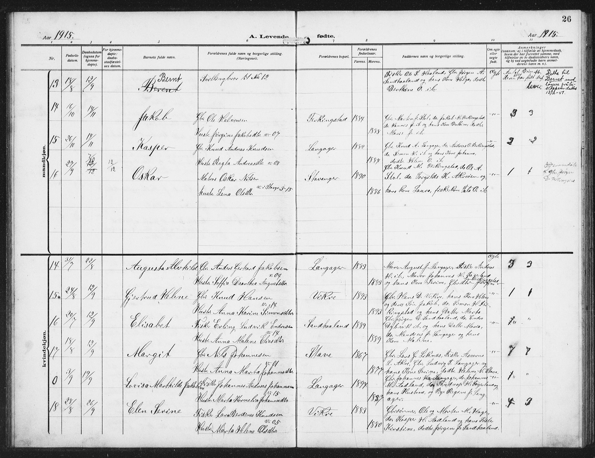 Skudenes sokneprestkontor, AV/SAST-A -101849/H/Ha/Hab/L0011: Klokkerbok nr. B 11, 1909-1943, s. 26