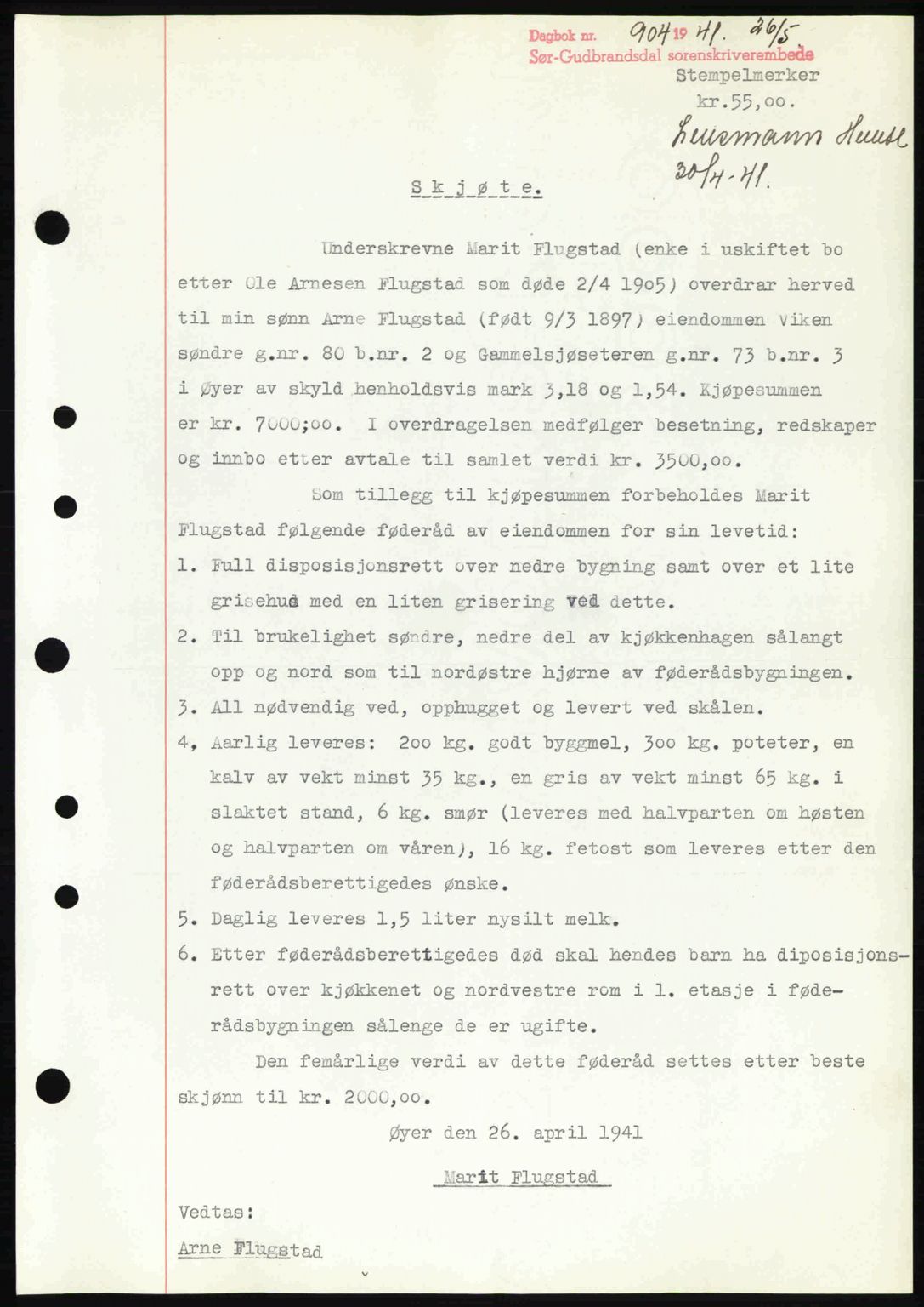 Sør-Gudbrandsdal tingrett, SAH/TING-004/H/Hb/Hbd/L0009: Pantebok nr. A9, 1941-1941, Dagboknr: 904/1941