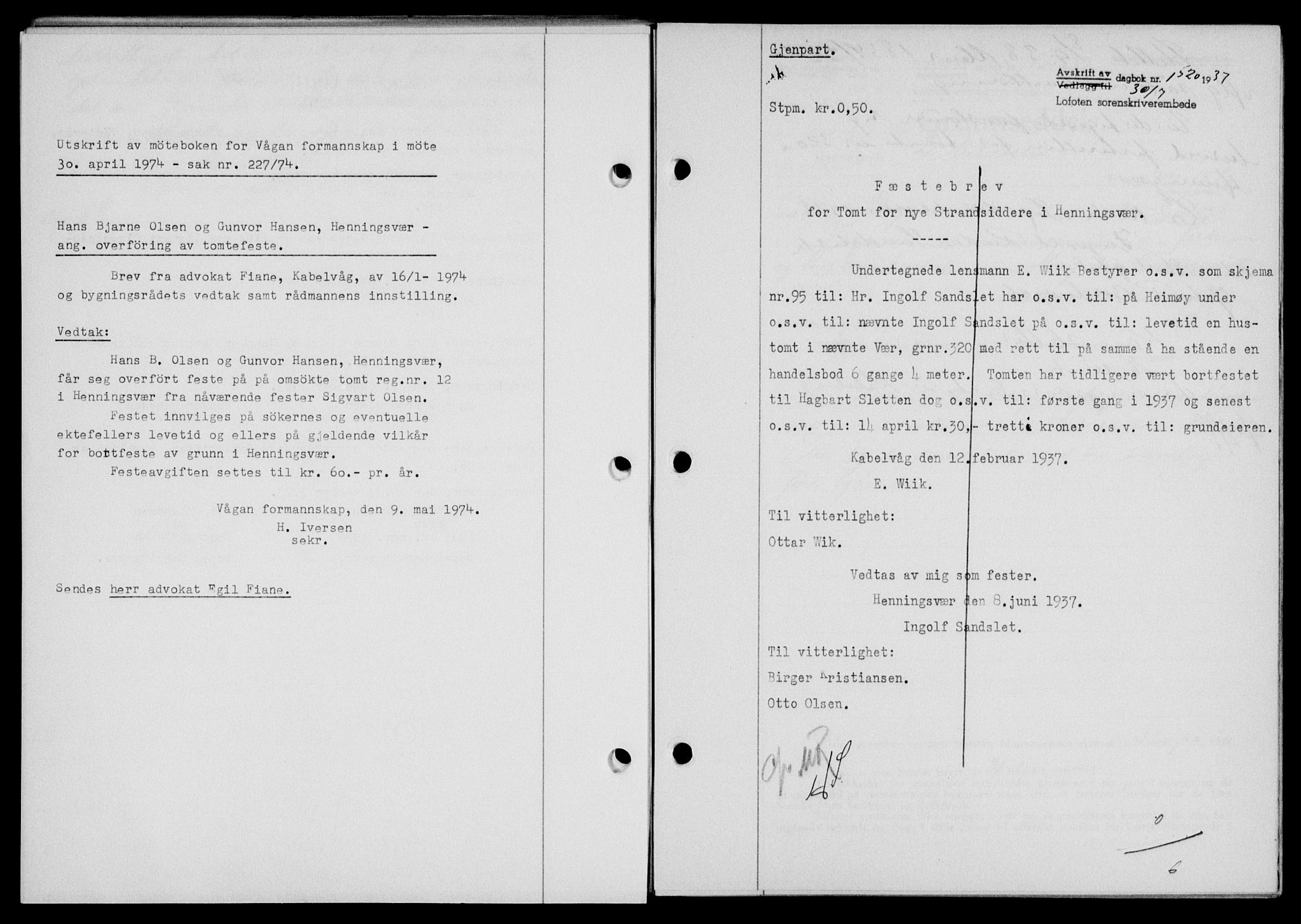 Lofoten sorenskriveri, SAT/A-0017/1/2/2C/L0002a: Pantebok nr. 2a, 1937-1937, Dagboknr: 1520/1937