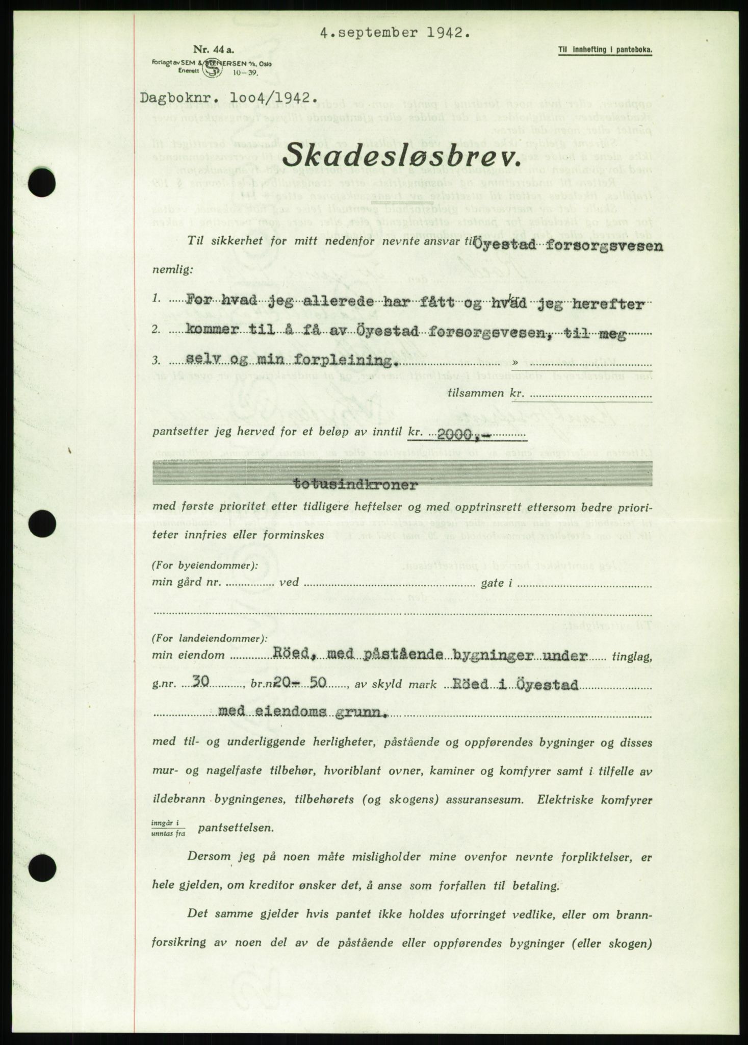 Nedenes sorenskriveri, SAK/1221-0006/G/Gb/Gbb/L0002: Pantebok nr. II, 1942-1945, Dagboknr: 1004/1942