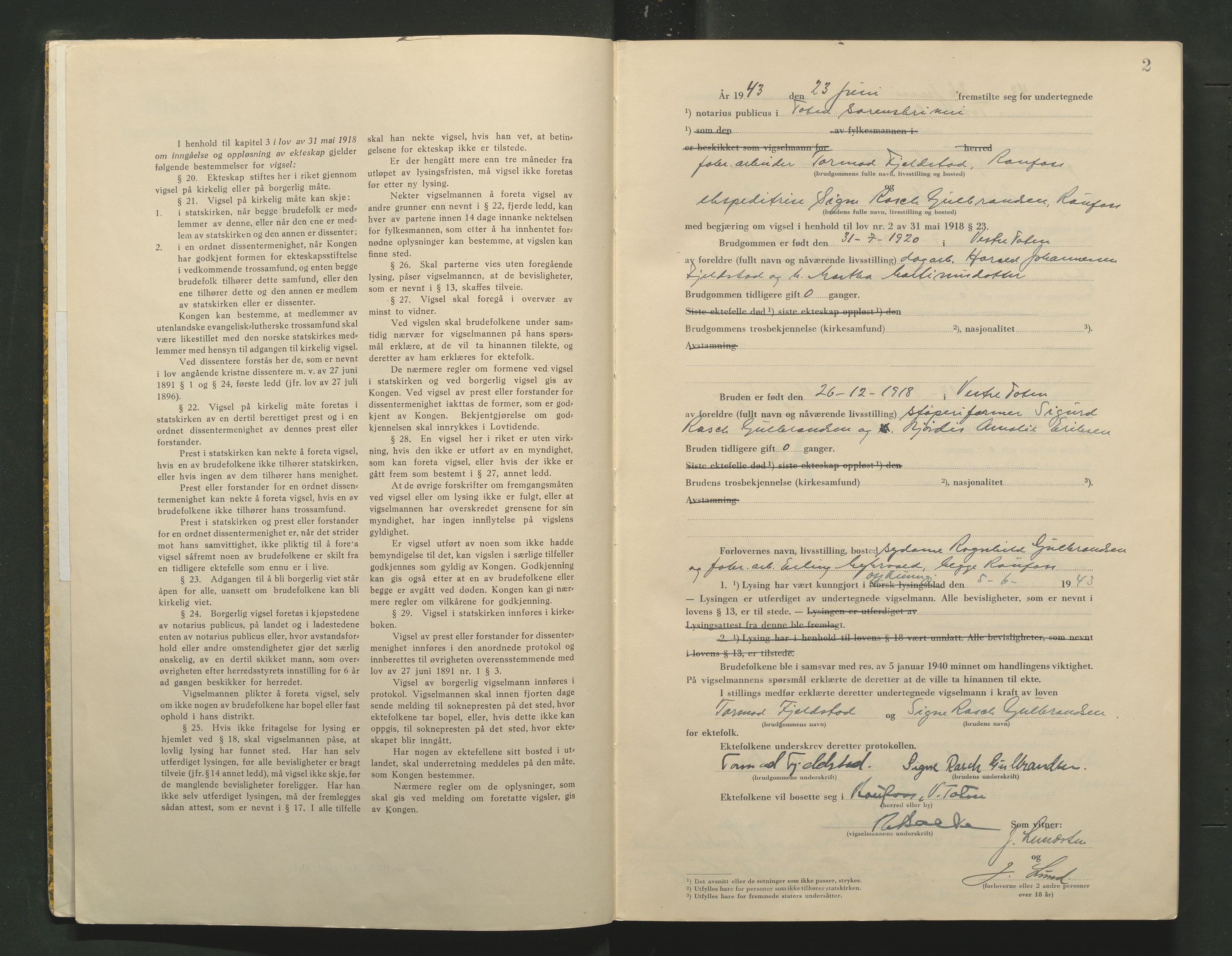 Toten tingrett, AV/SAH-TING-006/L/Lc/L0003: Vigselbok, 1943-1944, s. 2