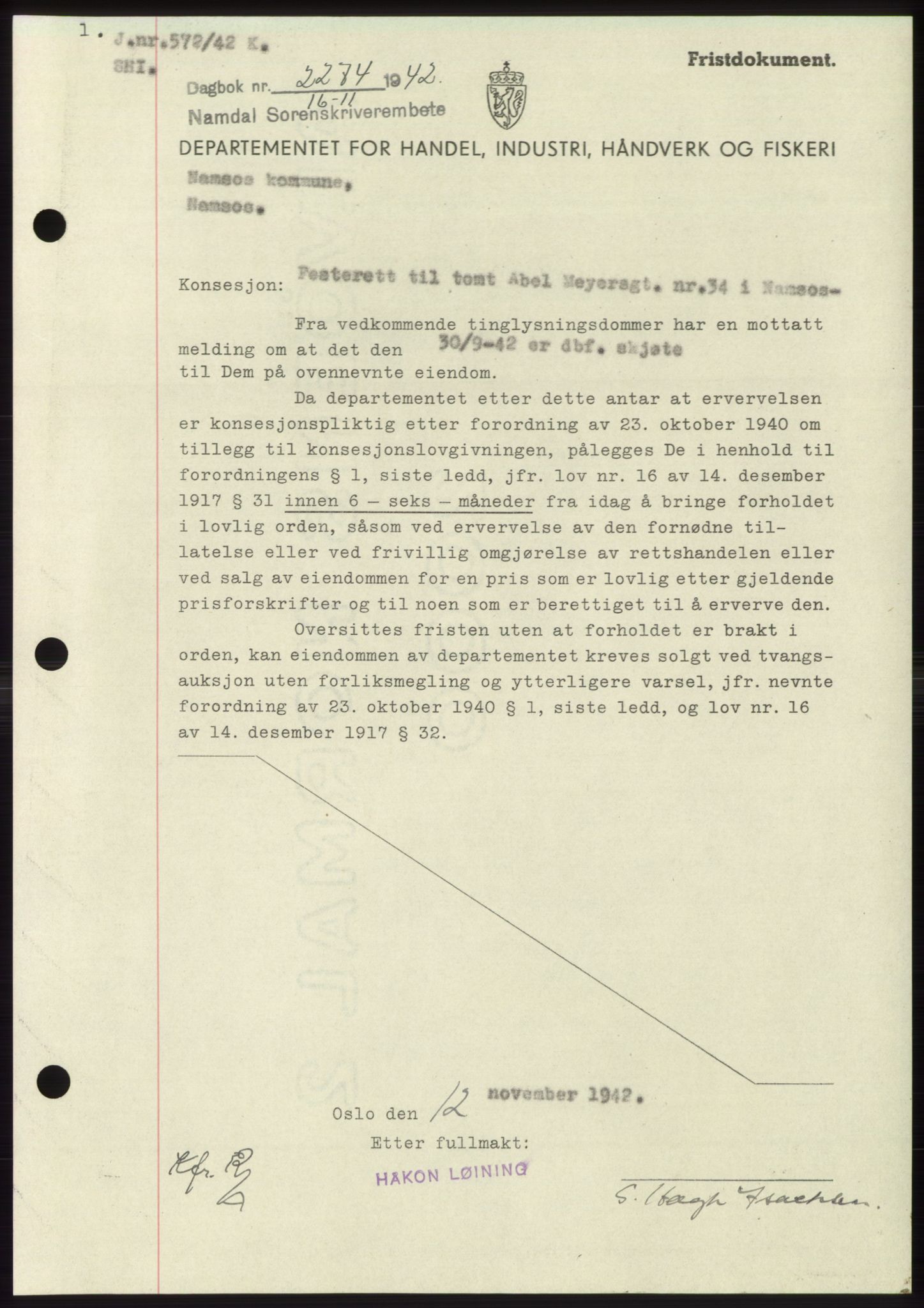 Namdal sorenskriveri, SAT/A-4133/1/2/2C: Pantebok nr. -, 1942-1943, Dagboknr: 2274/1942